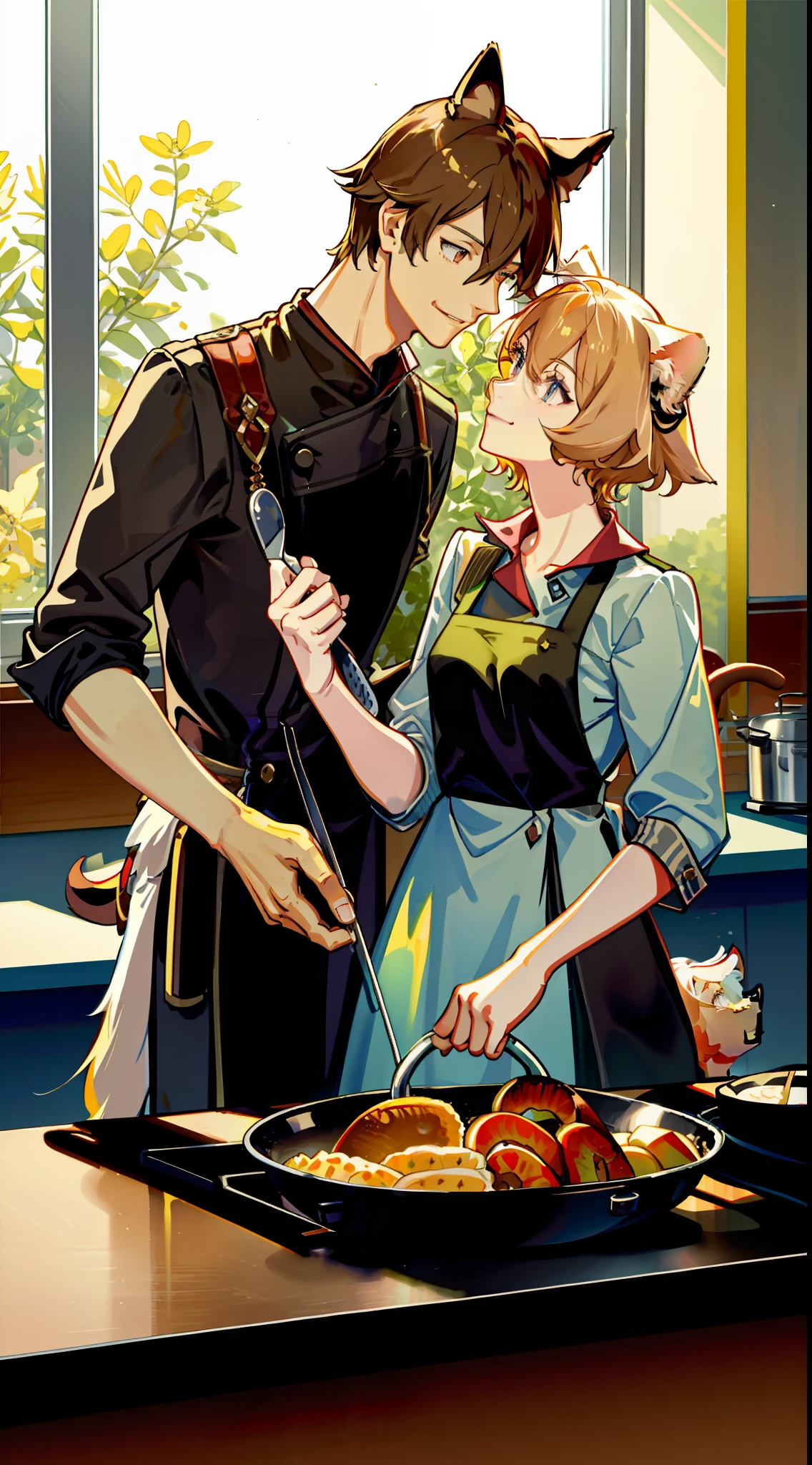 Masterpiece, Excellent, 2 people, summer, couple, 1man with 1woman, mature, adult, height difference, different fashion, different skin tone, delicate eyes and delicate face, intricate details, kitchen, cooking, smile, happy love, warm, intimacy, dog ears, dog tail