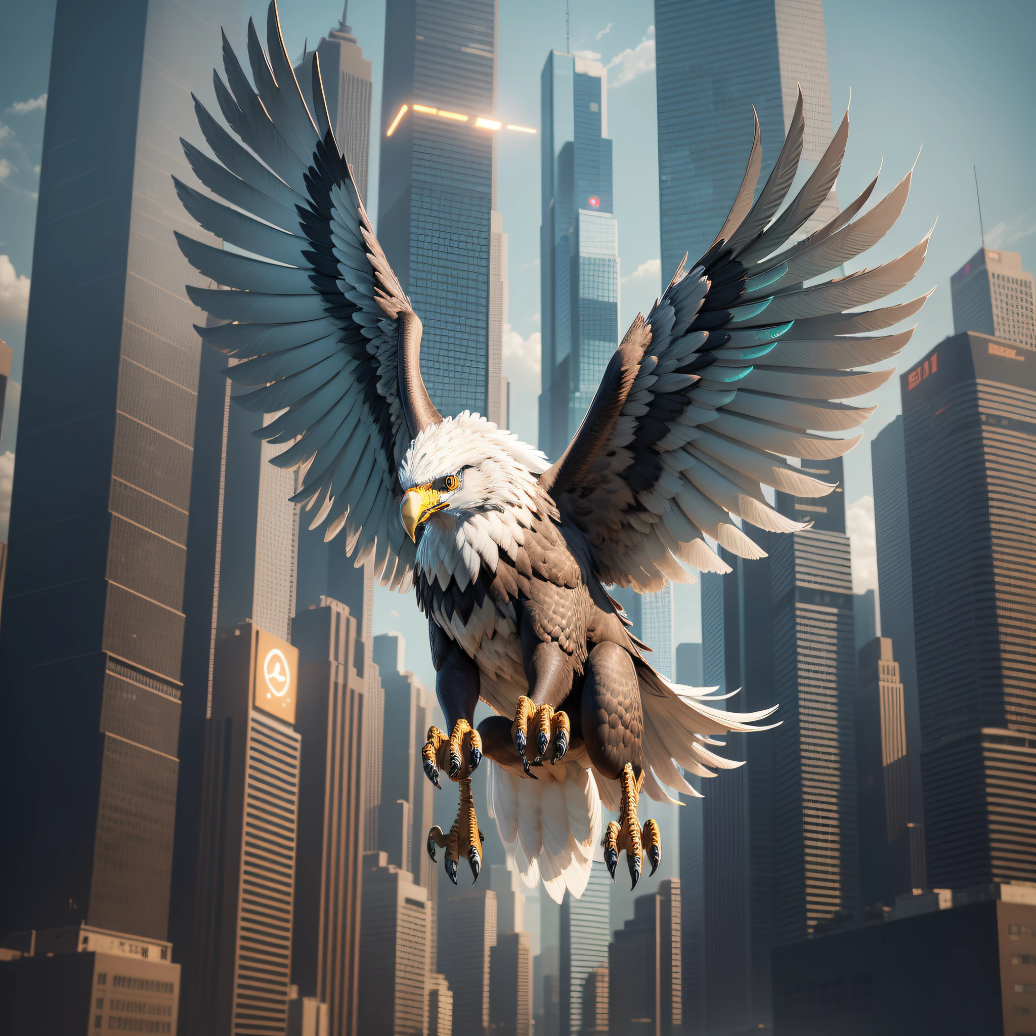 You're a master of digital art and you're exploring an exciting new concept: the depiction of a futuristic eagle in a cyberpunk setting. Its skill in ultra-definition and hyperrealism allows you to create a stunning image that captures the essence of this magnificent bird adapted for a dystopian technological future. Imagine an eagle with gleaming metallic feathers, glowing eyes that radiate a cybernetic glow, and biomechanical implants that enhance its strength and agility. Your mission is to portray this majestic creature in mid-flight, cutting through the skies of a cyberpunk city amid futuristic skyscrapers, suspended electrical wires, and vibrant holographic ads. Through your art, bring to life the perfect fusion between wild nature and advanced technology, creating an image that will leave viewers in awe of its beauty and originality.