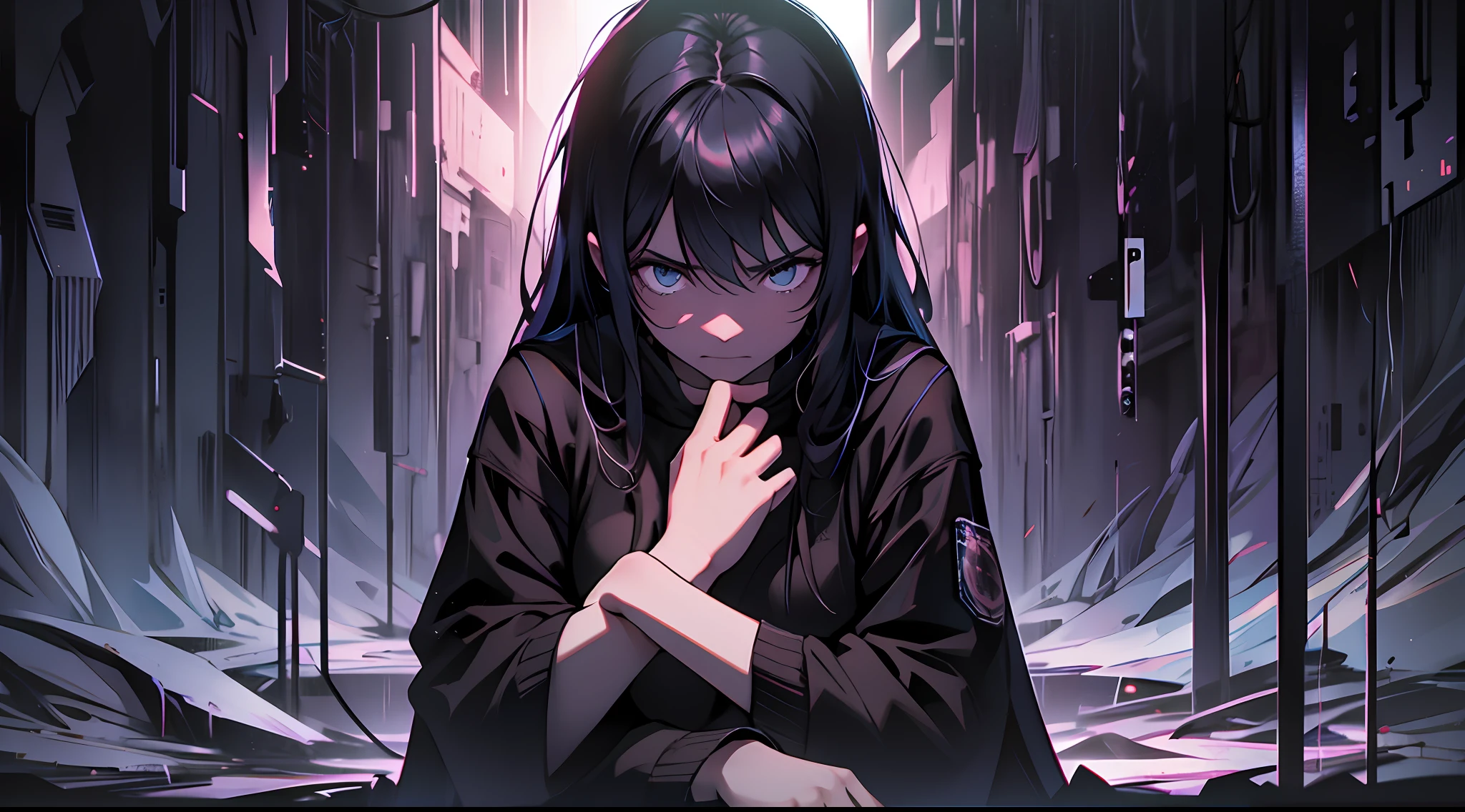 The girl sat in the dark and void environment, her expression was terrified, and the environment darkened and her hands struggled