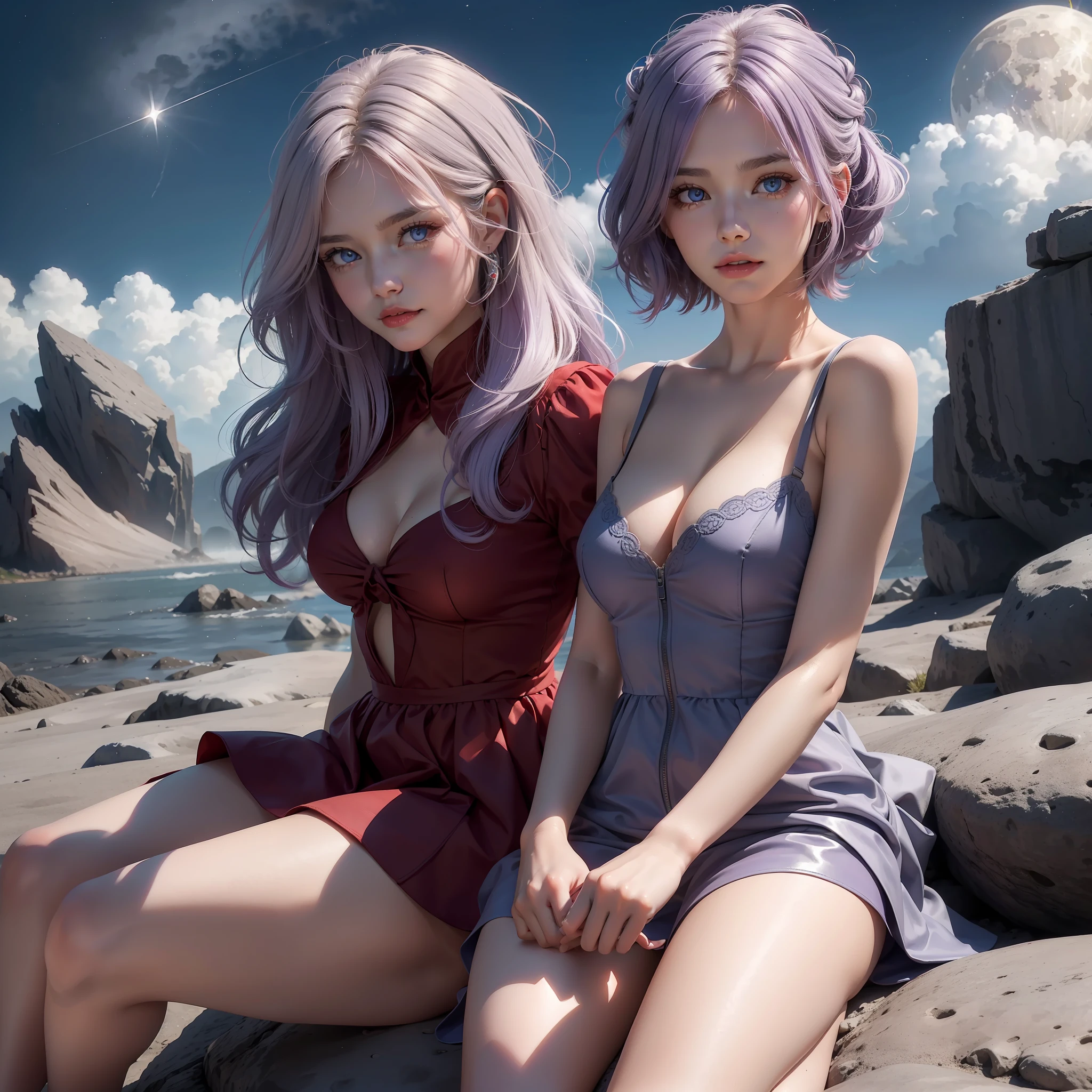 realistic girl, real girl, full body, natural volumetric lighting and the best shadows, tight red dress, deep depth of field, sharp focus, incredibly beautiful short girl portrait, beautiful and delicate and attractive face with seductive blue eyes, adorable small breasts, windswept shaggy white/purple hair, medium hairstyles in thick layers, blush eyeshadow with thick eyelashes, half-open lips,school suit, (sitting on the moon/stars/clouds stamped lovely stone: 1.2), 4k, amazing details: 1.4)