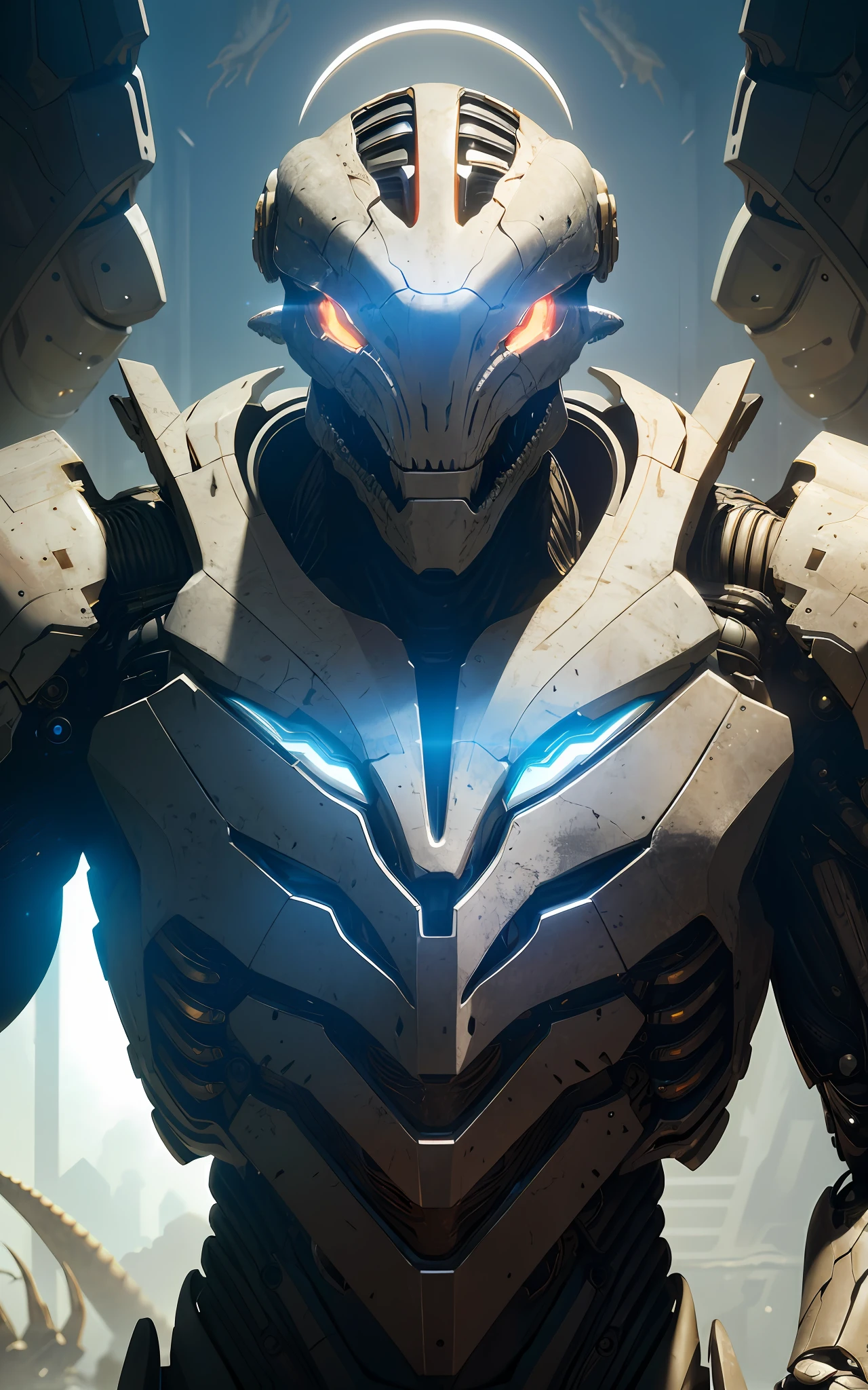 biomechanical dinosaur shaped cyborg, glowing eyes, helmet, white plastic, diffuse lighting, fantasy, intricate, elegant, (dynamic background), highly detailed, lifelike, photorealistic, elegant, sharp focus, photo by greg rutkowski, soft lighting, vibrant colors, masterpiece, IvoryGoldAI