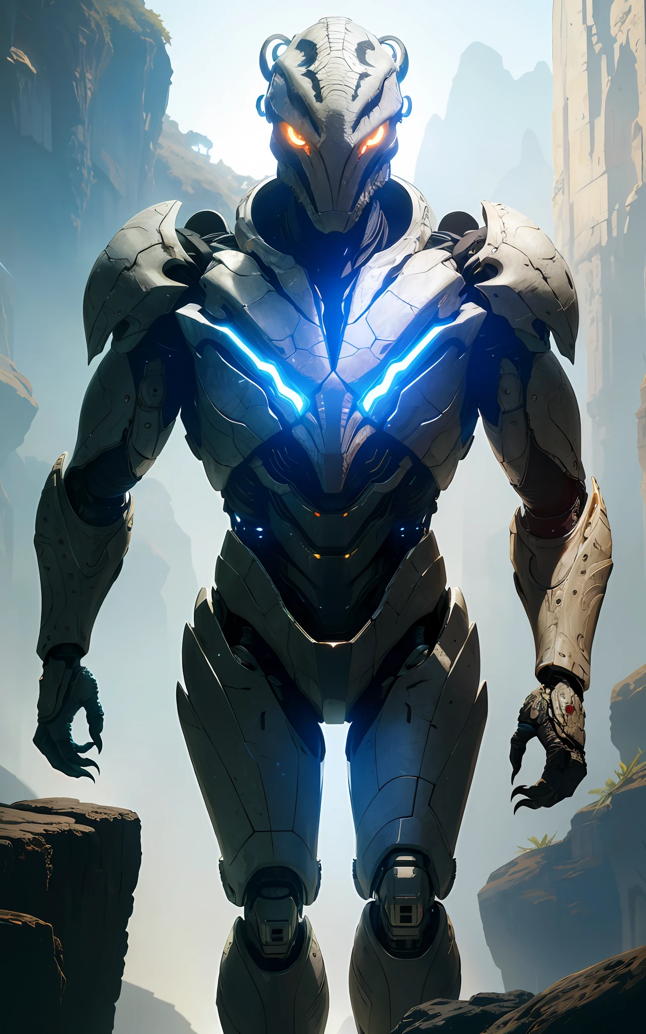 biomechanical dinosaur shaped cyborg, glowing eyes, helmet, white plastic, diffuse lighting, fantasy, intricate, elegant, (dynamic background), highly detailed, lifelike, photorealistic, elegant, sharp focus, photo by greg rutkowski, soft lighting, vibrant colors, masterpiece, IvoryGoldAI