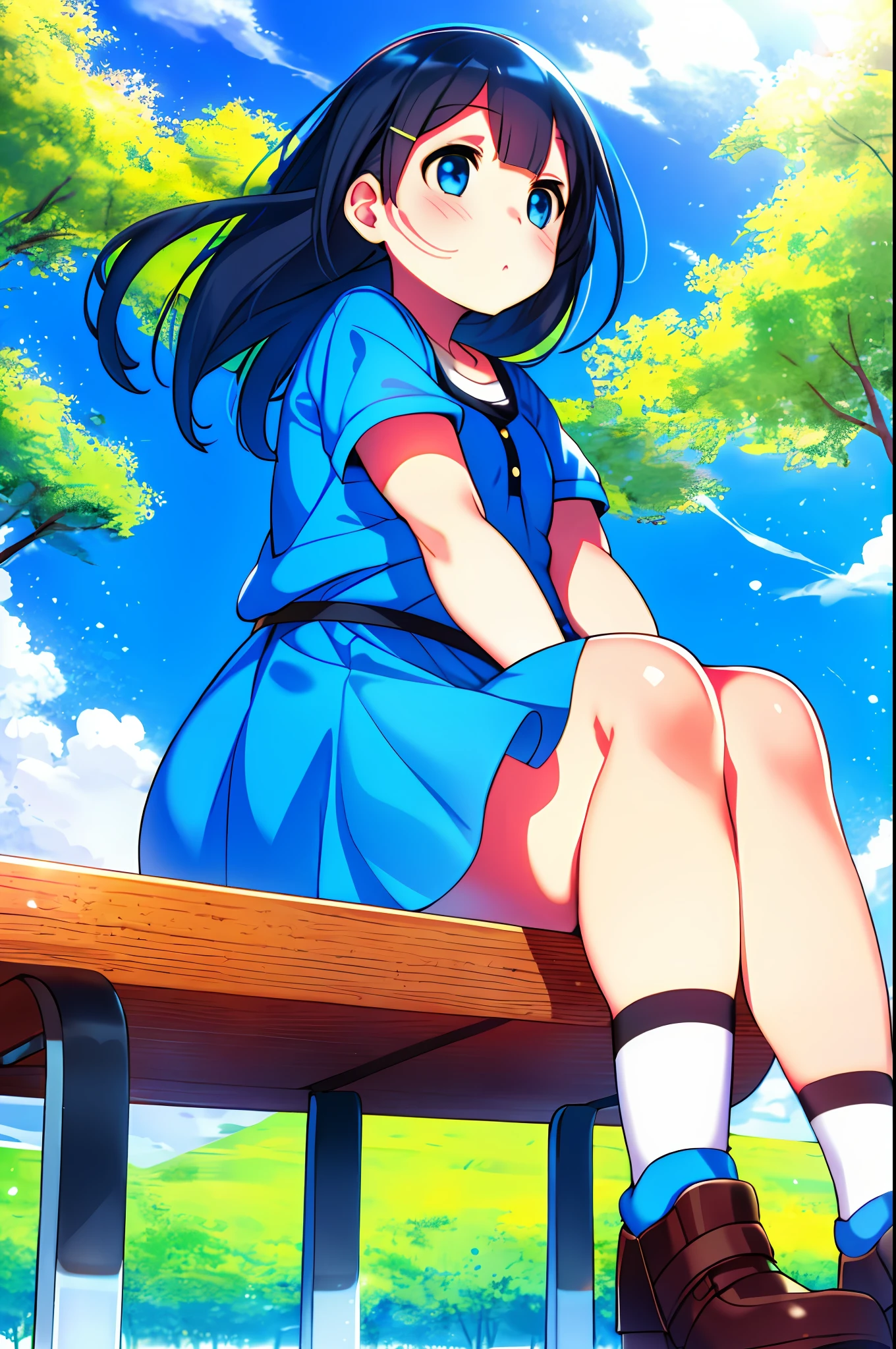 mika pikazo, girl, slightly chubby, chubby cheek, small chest, bench, sitting, blue sky, blue background, floating hair, light particles, post processing, signature