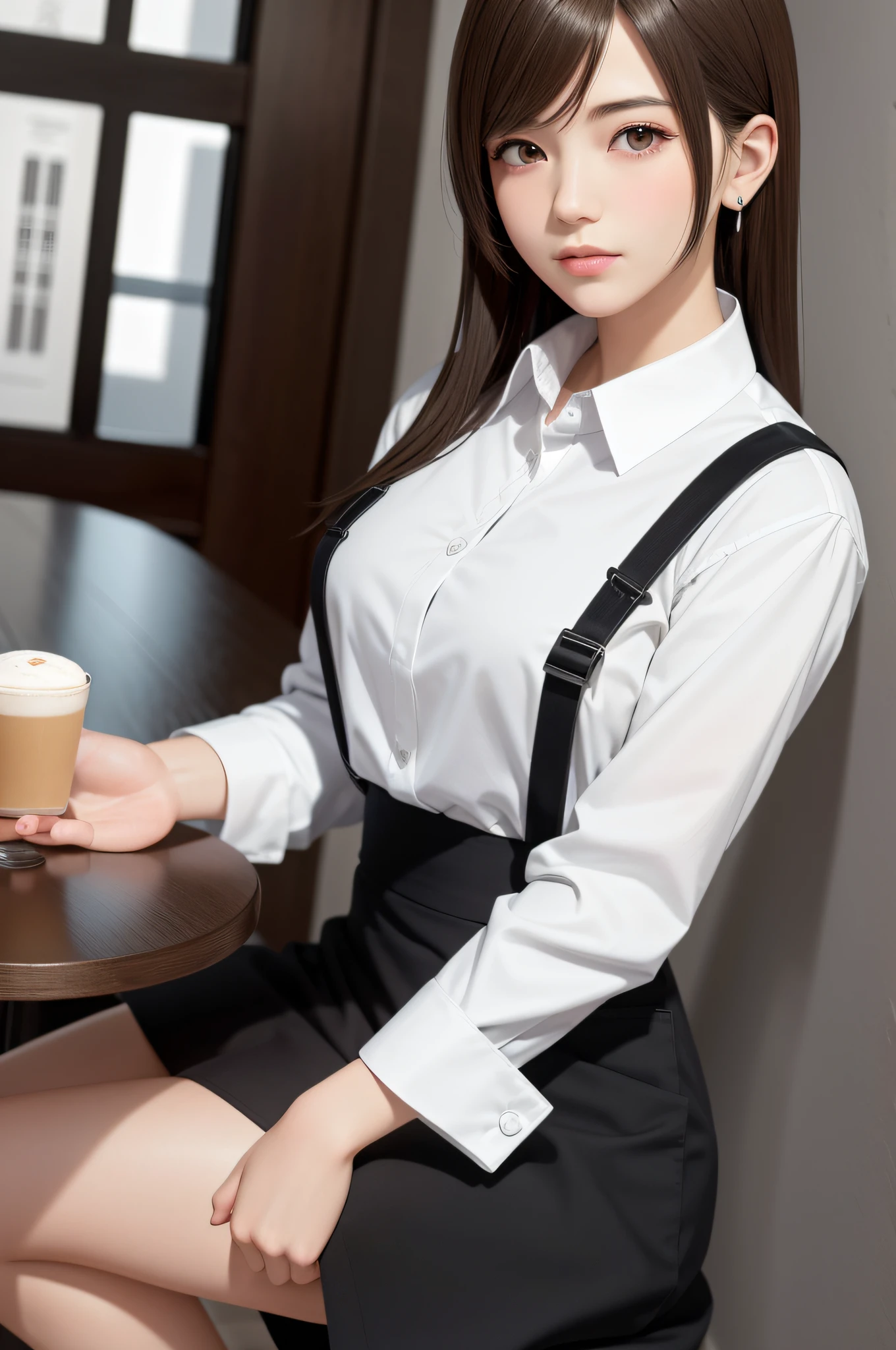 (Top Quality, Masterpiece: 1.1), (Real: 1.4), BREAK (((FF7))) (((Tifa))),crowd,1girl,face focus:1.2,looking back:1.2,looking up:1.1, BREAK ((Light Brown Hair, Large breasts: 1.2)),(cafe:1.2,waitress:1.2), 　BREAK (white shirt, collared shirt, black trousers, long sleeves,black apron),(No Bra)  (Small and beautiful hard nipple), clothed,(shiny oiled skin: 1.4), about 18 years old,
