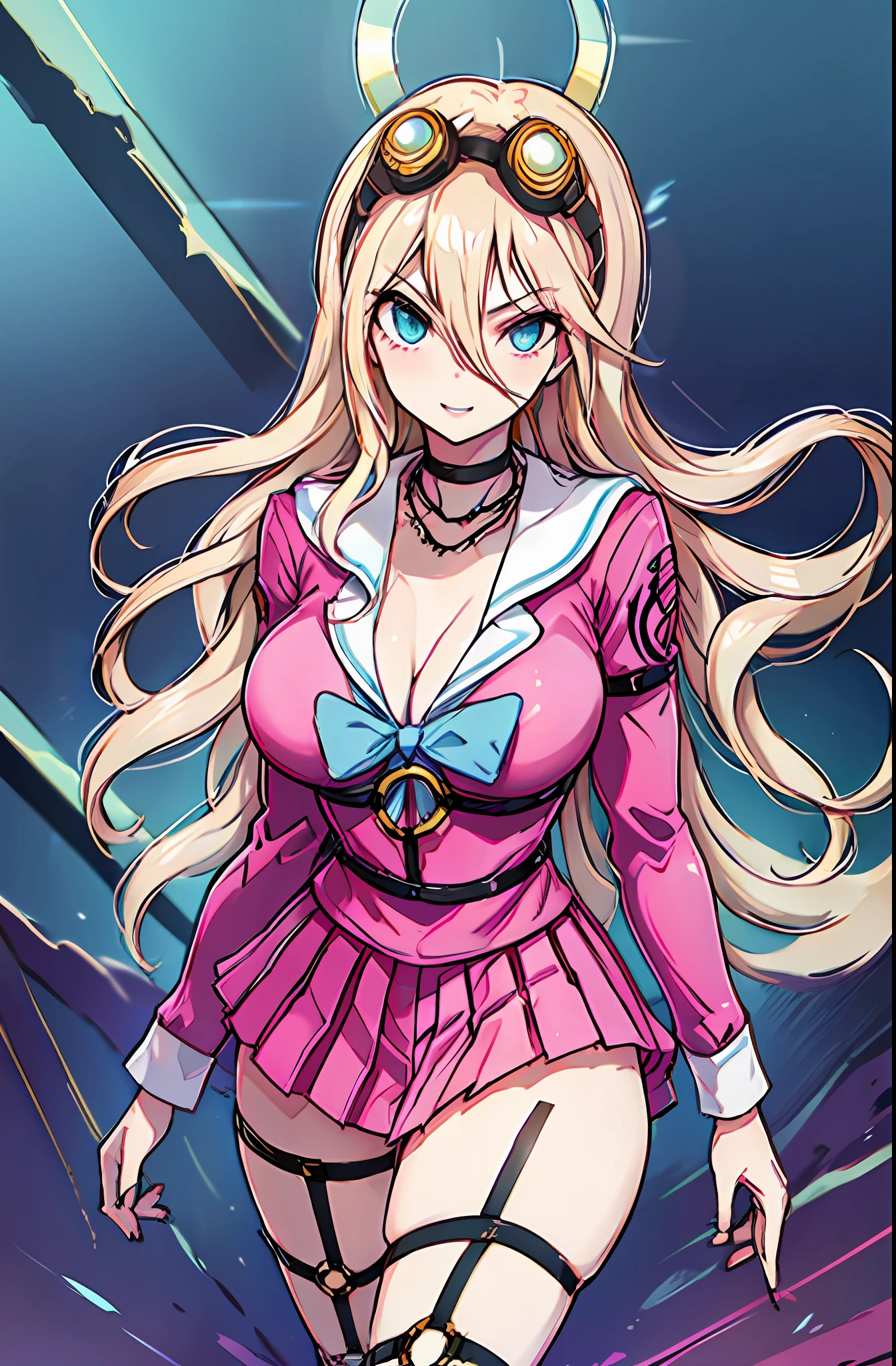 Perfect body proportions, perfect body curves, two legs, one face, perfect background, beach, solo, ((high resolution)), (high resolution, ultra_detailed, 4K, UHD), (masterpiece: 1.2), (best quality: 1.2), perfect eyes, perfect face, ((1 girl)), pink clothes, pink skirt, big breasts, beautiful legs, cute sexy ass, Miu Iruma / (projectile theory break/), right hands, correct anatomy, Five fingers, beautiful hands, correct body proportions, two legs, one person, two hands, correct body proportions, beautiful body curves, blonde hair, goggles, aqua eyes, longeyelashes, surrealism, ray tracing, cinematic lighting, anime style, 8k, super detail, 16k, award winning, best quality, high quality, high details, super detail, textured skin, anatomically correct, ccurate, retina, UHD, masterpiece