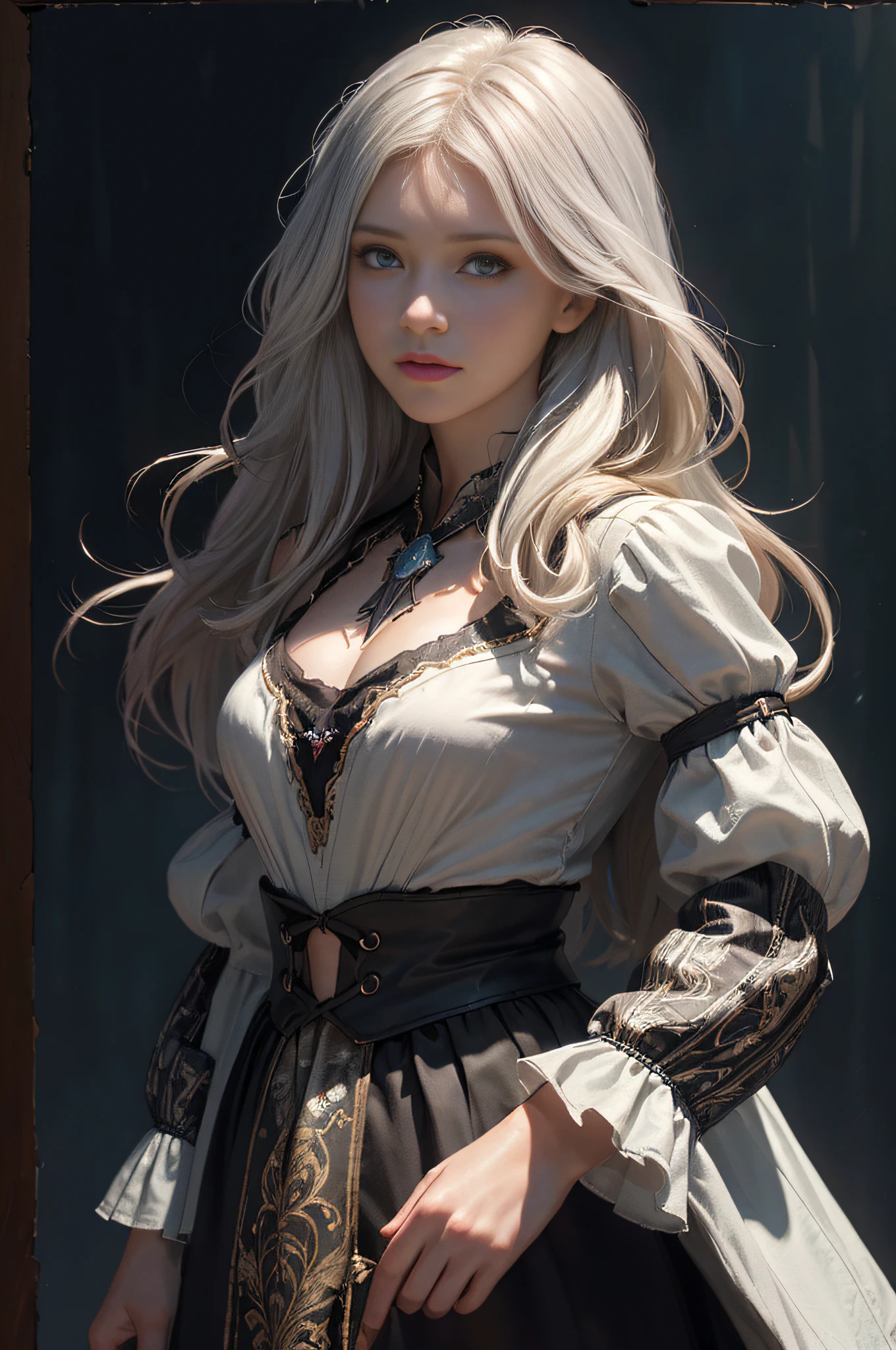(front focus),(in the dark:1.6), Hyperrealist portrait of female by david hockney and alphonse mucha,fantasy art, photo realistic, dynamic lighting, artstation, poster, volumetric lighting, very detailed faces, 4 k, award winning,, 1girl, in the dark, deep shadow, low key,cowboy shot,(official clothing:1.4) ,long hair,white hair,
