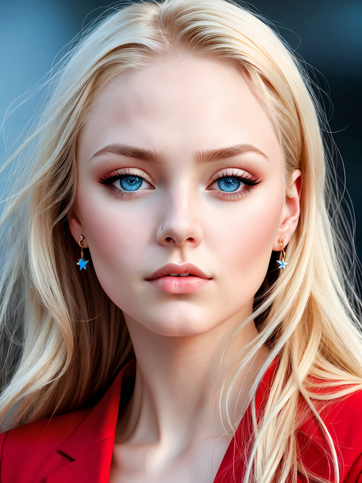 frontal headshot of 25yo Russian woman, blond hair, cold beauty, blue eyes, serious, (red suit), (send star earring), (incredible skin detail:1.4), (natural skin:1.2), (pores:0.6), make up, (detailed eyes:1.2), black background, studio, rim light, dark atmosphere, (bokeh:1.2), photograph, cinematic, photorealistic, ultrarealistic