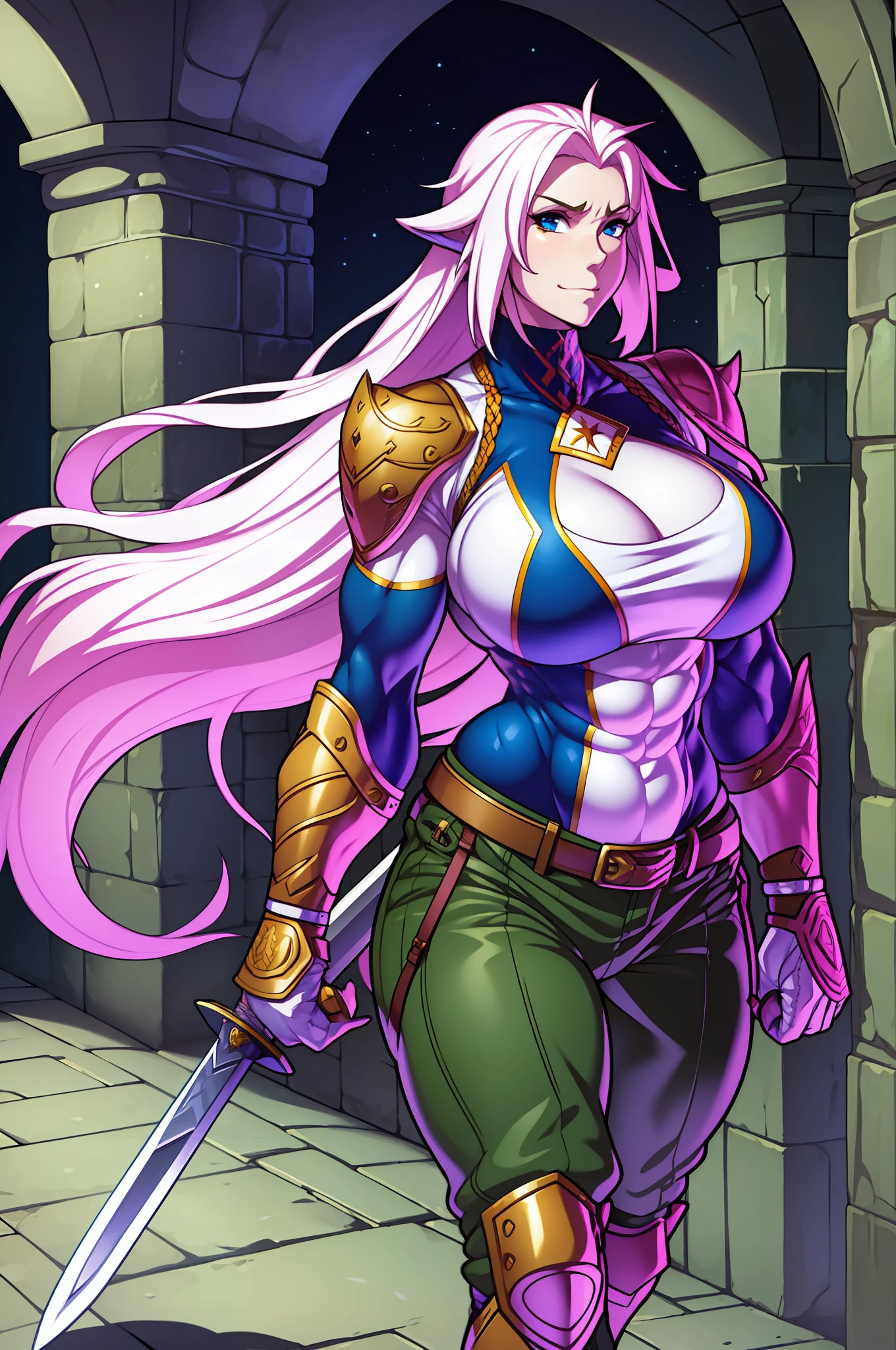 muscle girl,huge breast,, tall female, ,pants, solo focus, 1character, portrait full body,pale skinned female, palladin armor, sword holding, knight, vest, coat, walking, medieval clothing, long hair, blond hair,