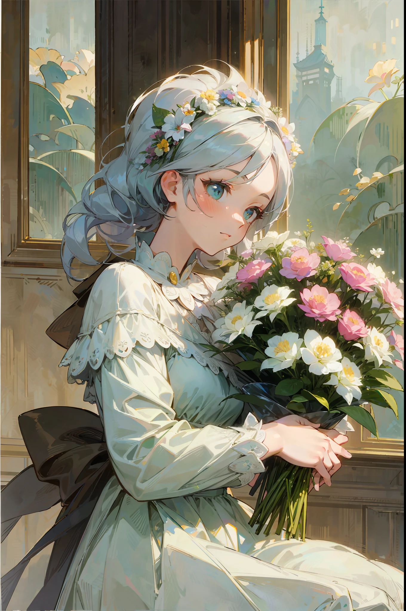 Top quality, woman giving bouquet of flowers, pastel, soft atmosphere, staring at us, Michelangelo