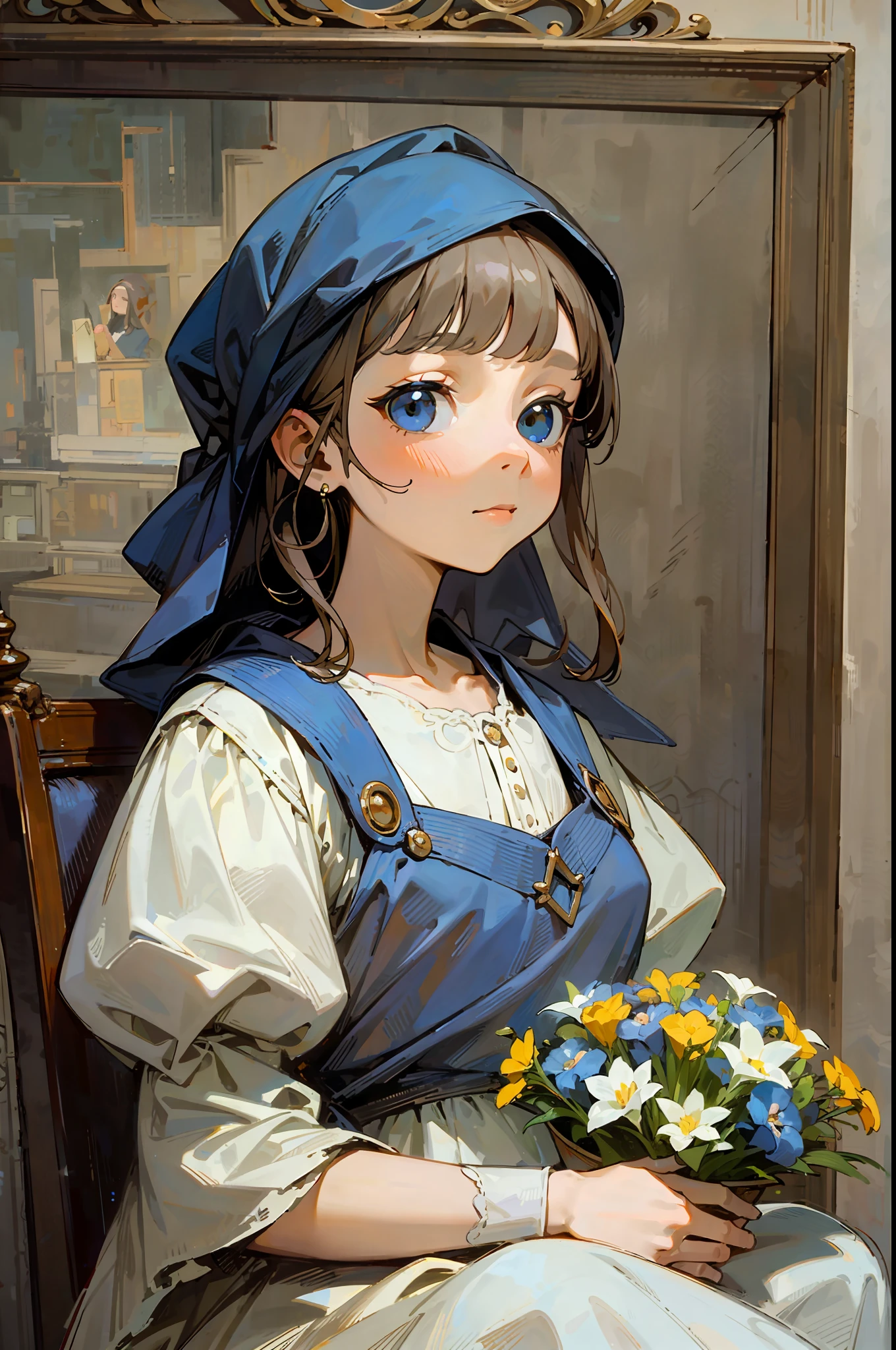 Top quality, woman giving bouquet of flowers, pastel, soft atmosphere, staring at us, Vermeer