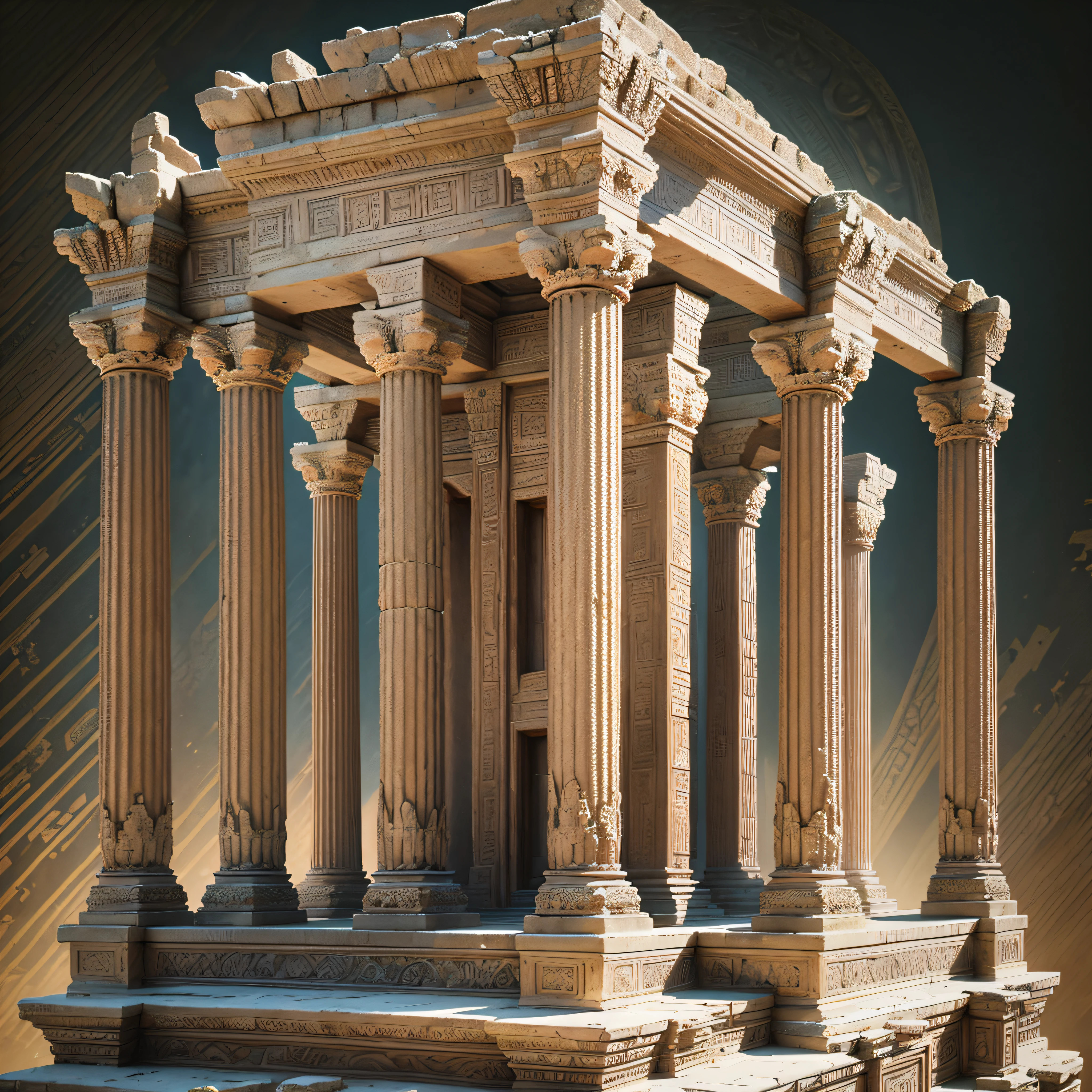 "Ancient Temple": A meticulously detailed, photorealistic depiction of an ancient temple or ruins, showcasing intricate architectural elements, weathered textures, and historical significance, Surrealism, color field printing, high detail, UHD, 8k, anatomically correct, cinematic lighting 4d quality --auto --s2