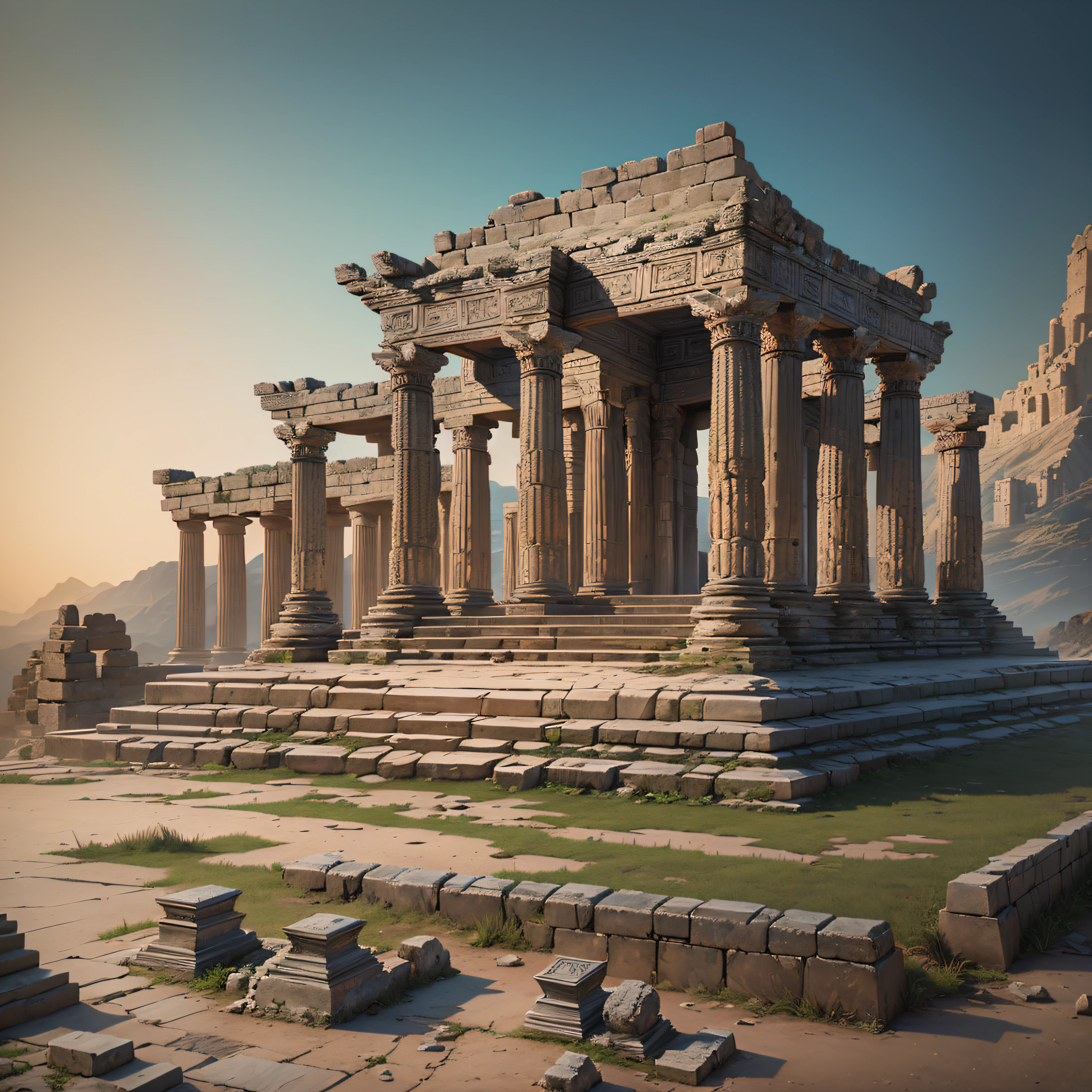 "Ancient Temple": A meticulously detailed, photorealistic depiction of an ancient temple or ruins, showcasing intricate architectural elements, weathered textures, and historical significance, Surrealism, color field printing, high detail, UHD, 8k, anatomically correct, cinematic lighting 4d quality --auto --s2