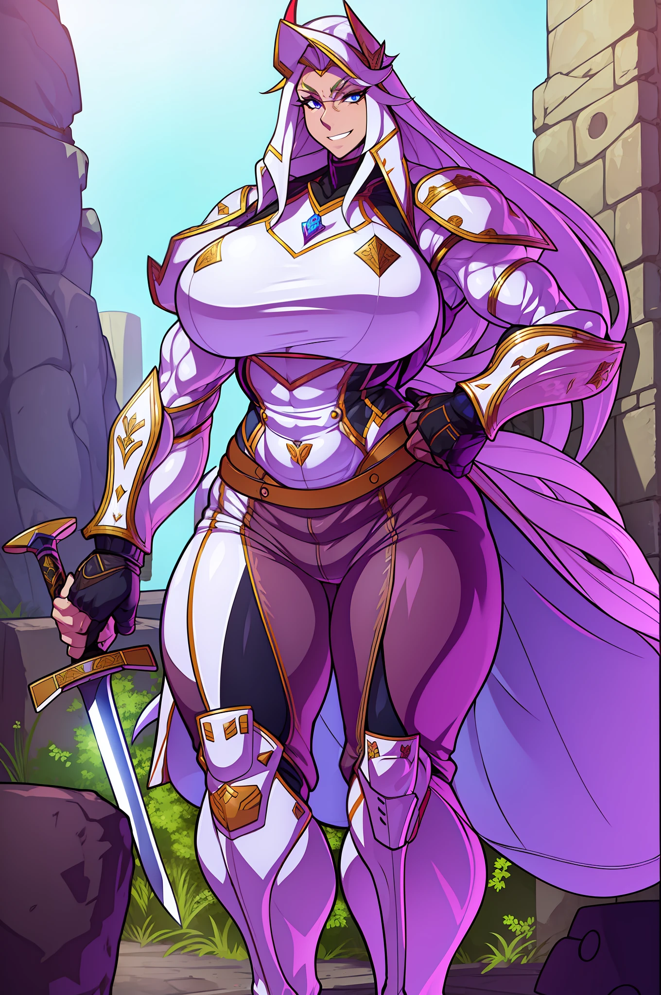 muscle girl,huge breast,, tall female, ,pants, solo focus, 1character, portrait full body,pale skinned female, palladin armor, sword holding, knight, vest, coat, walking, medieval clothing, long hair, blond hair,