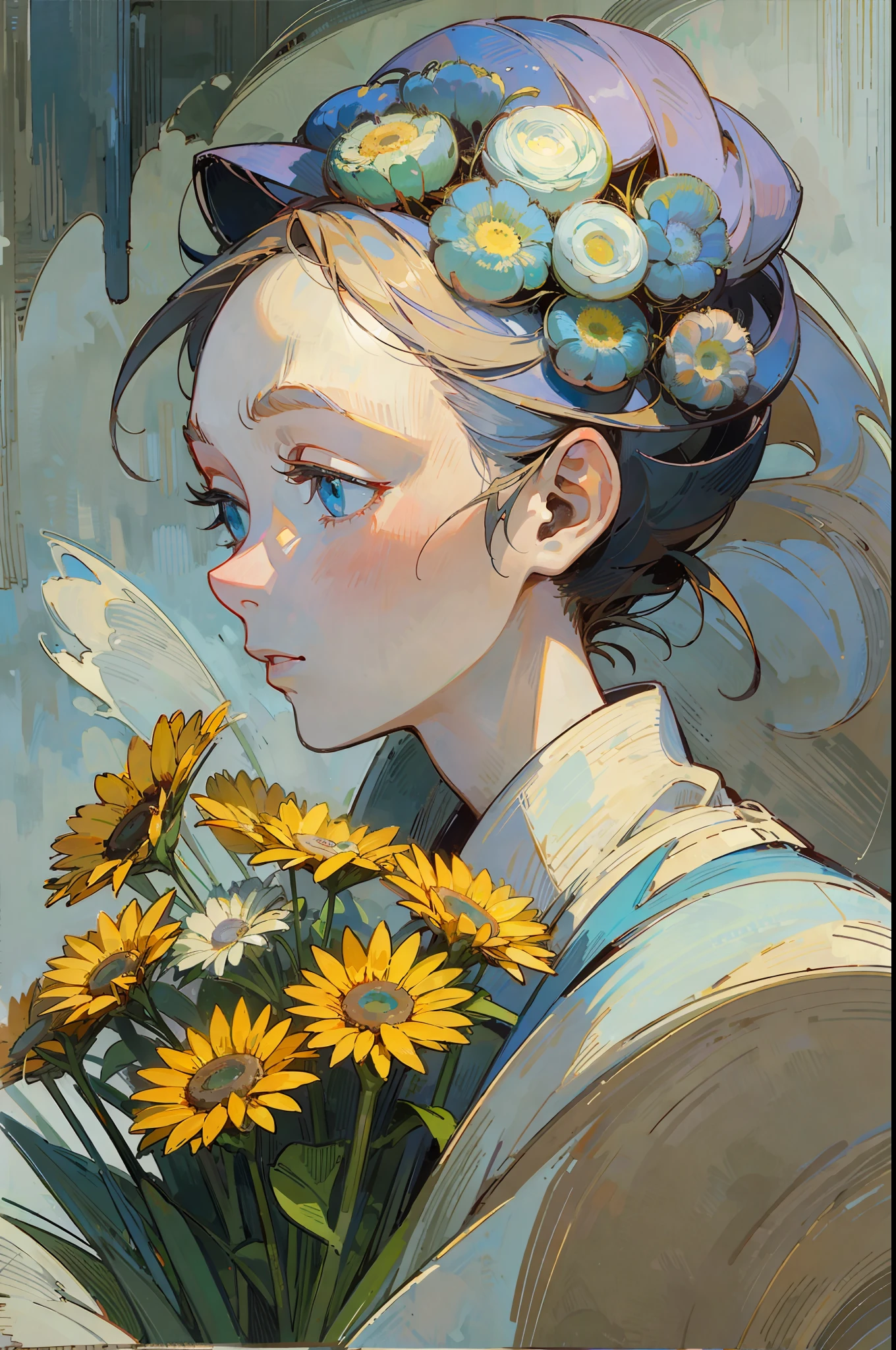 Top quality, woman giving bouquet of flowers, pastel, soft atmosphere, staring at us, Van Gogh