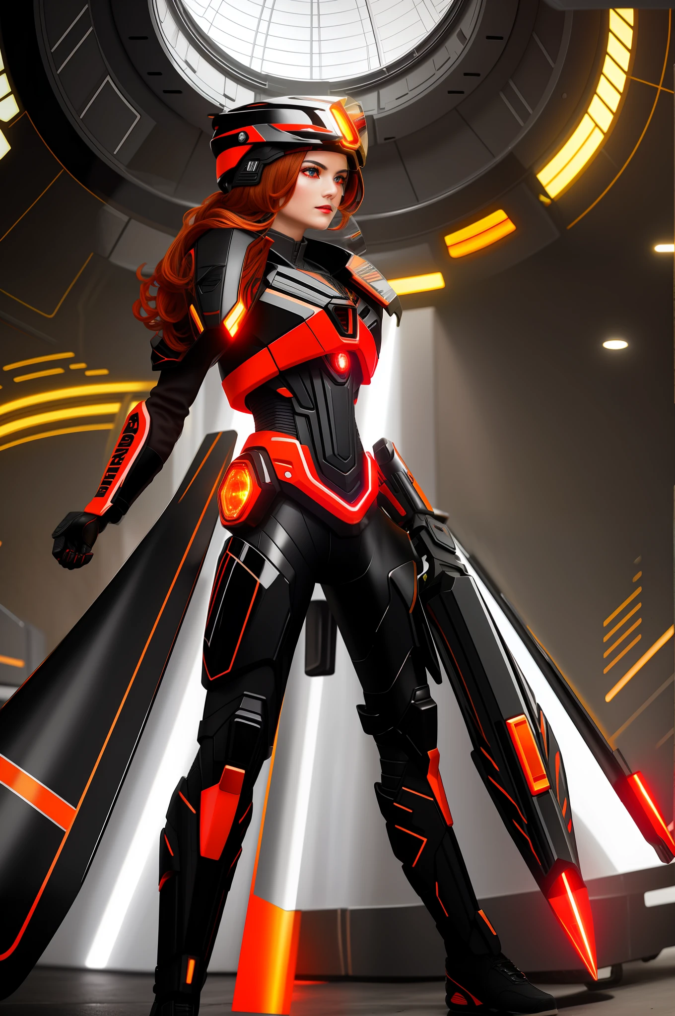 Metallic obsidian with orange highlights, red lights, black-red detailing, and black-red accents