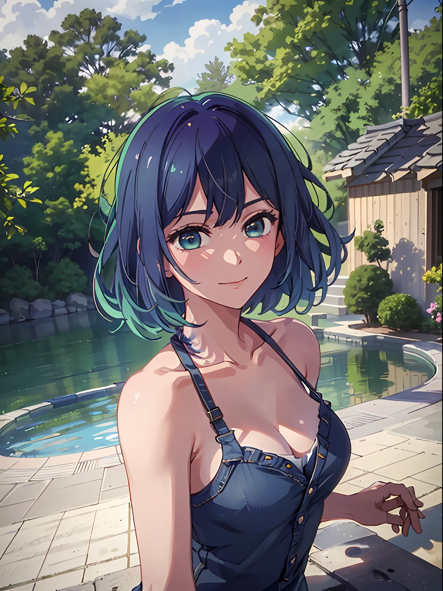 (RAW photo, highest quality, masterpiece), (realistic, photoreal), 1 girl, solo, akane, blue hair, bikini, jeans, 3d, realistic, live-action, cg, glowing hair, hair fluttering in the wind, shiny skin, smile, high angle shot,hand on own face