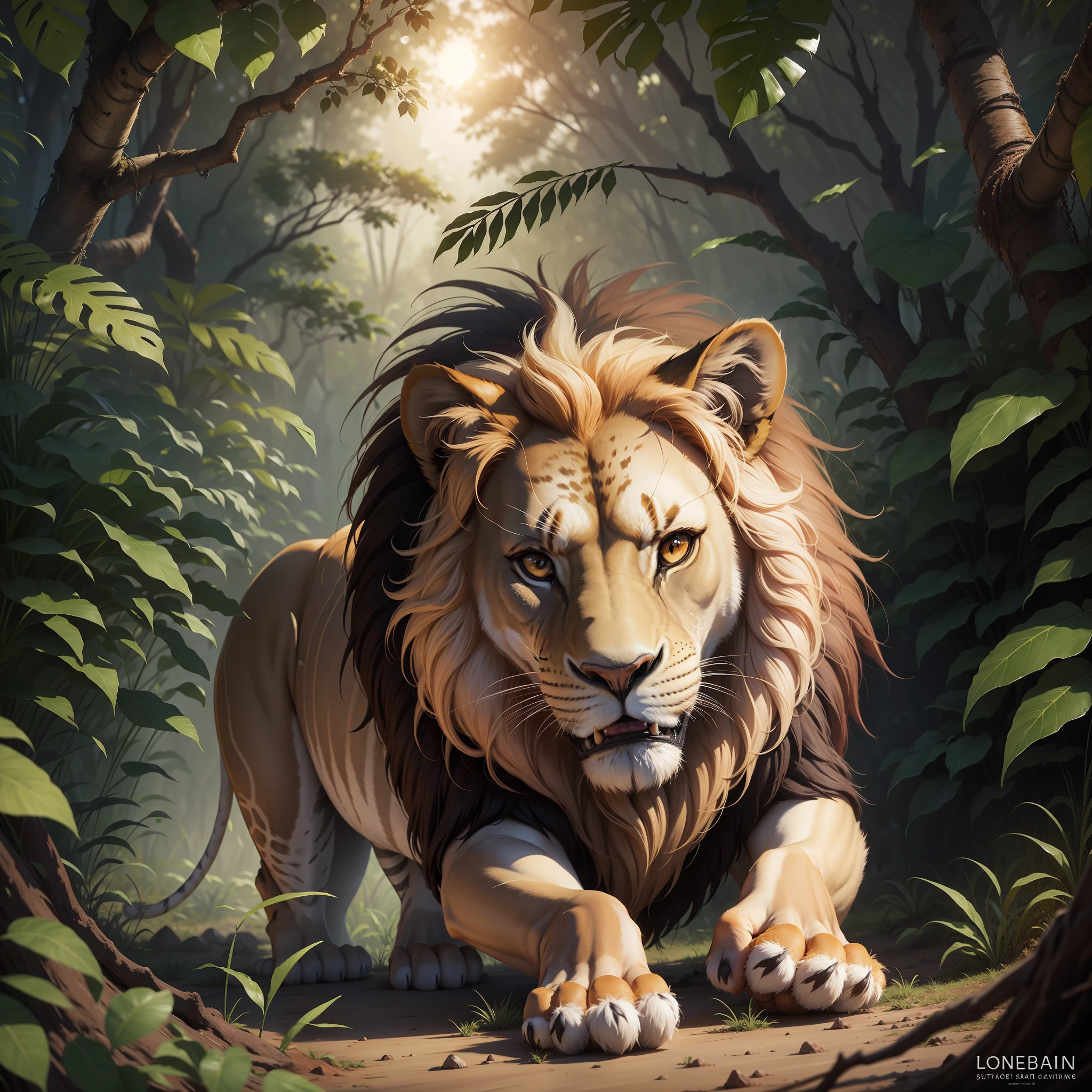 Lion king in the jungle, hunting prey, In Australia, Sun dawning in their furs,Apparent sun, lion with brave face, more realistic image, HD, Realistic, Realistic painting.