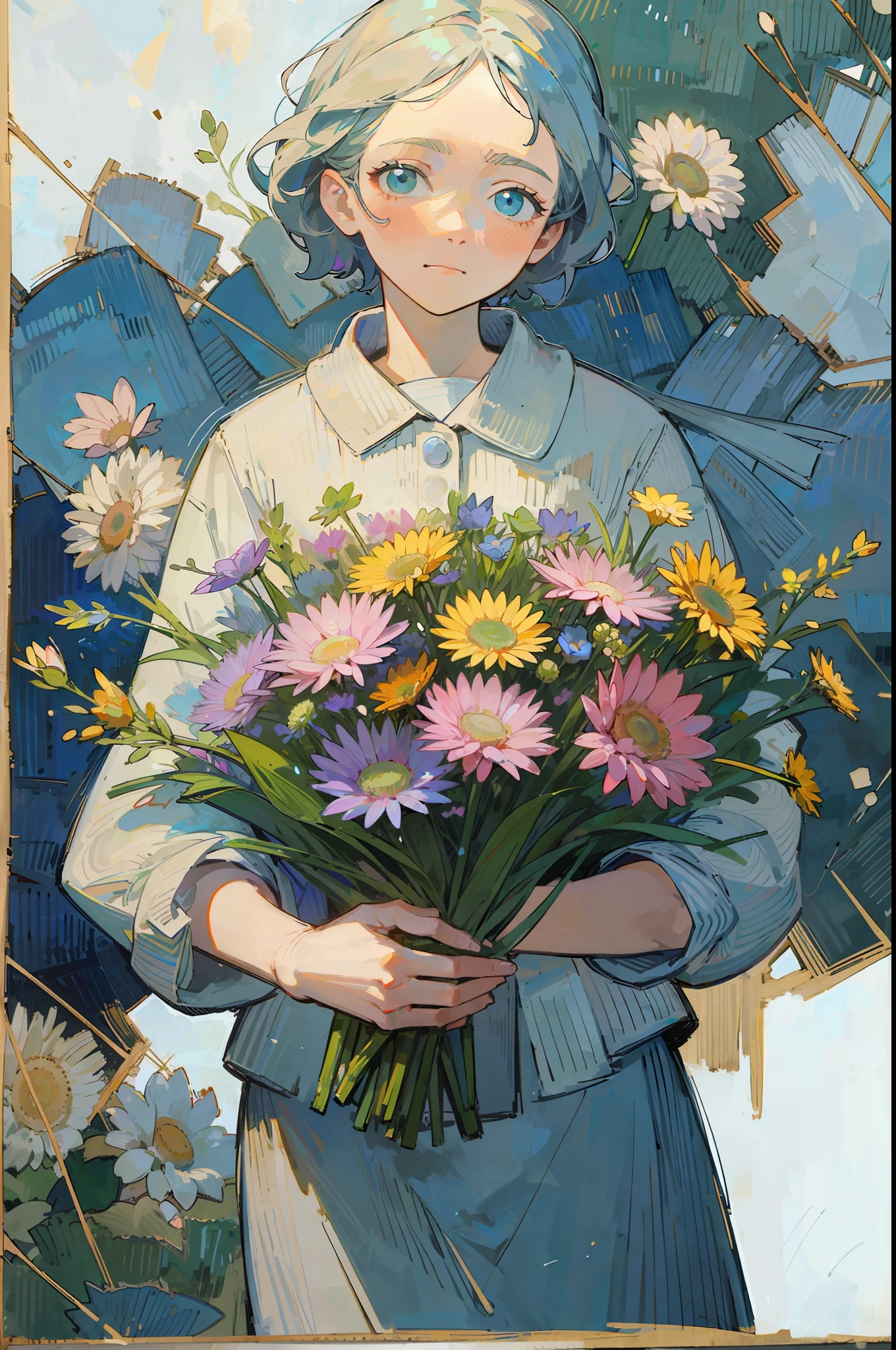 Top quality, woman giving bouquet of flowers, pastel, soft atmosphere, staring at us, Van Gogh