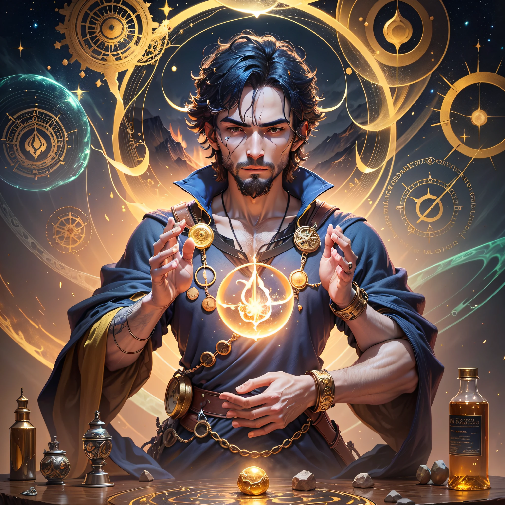 Okay, here's an image that represents Stoic alchemy:
In the image, we can see a natural landscape with mountains, trees and a river. In the foreground, there is a Stoic alchemist in a meditative position, with his hands in a gesture of prayer. He is wearing a dark blue robe with an alchemical symbol prominently on his chest, representing his connection to wisdom and transformation.
Around the alchemist, we can see elements of nature, such as plants, stones, and animals, that represent the connection between man and the universe. There is a golden flame coming out of a crucible or container that the alchemist holds, representing the transformation of matter and spirit.
In the background, we can see an aurora borealis, representing the connection with the divine and the mystery of existence. The phrase "Internal and external transformation" is written in golden letters next to the alchemist, conveying the central message of Stoic alchemy.
The predominant colors in the image are dark blue and gold, representing wisdom, transmutation, and the light of knowledge. --auto --s2