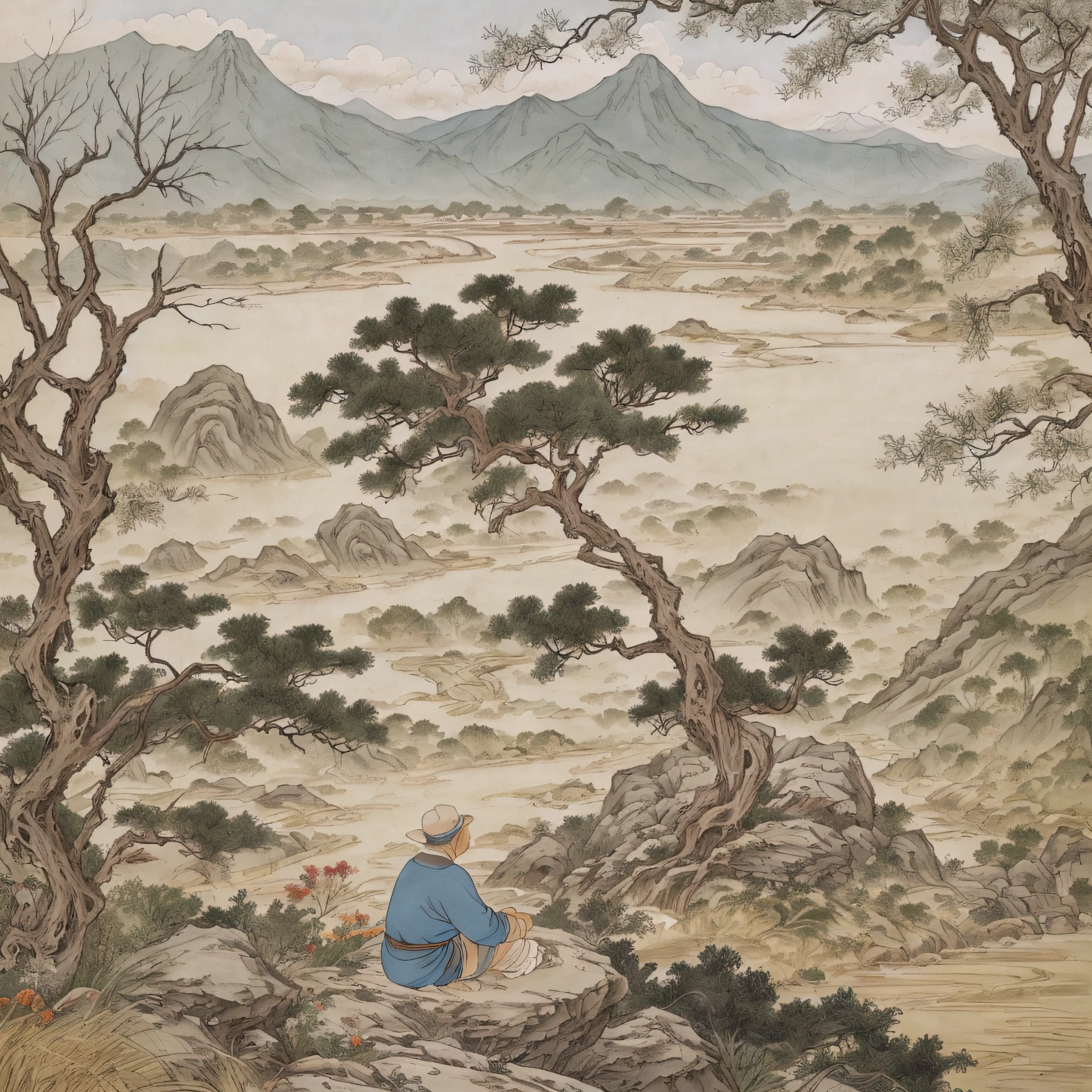 chinese painting, mountain, rock, flower, grass, river, tree, mountain in the distance, (sitting old man), (walking farmer), vanishing point, 35mm, UHD, masterpiece, ccurate, high detail, award-winning, best quality, 4K
