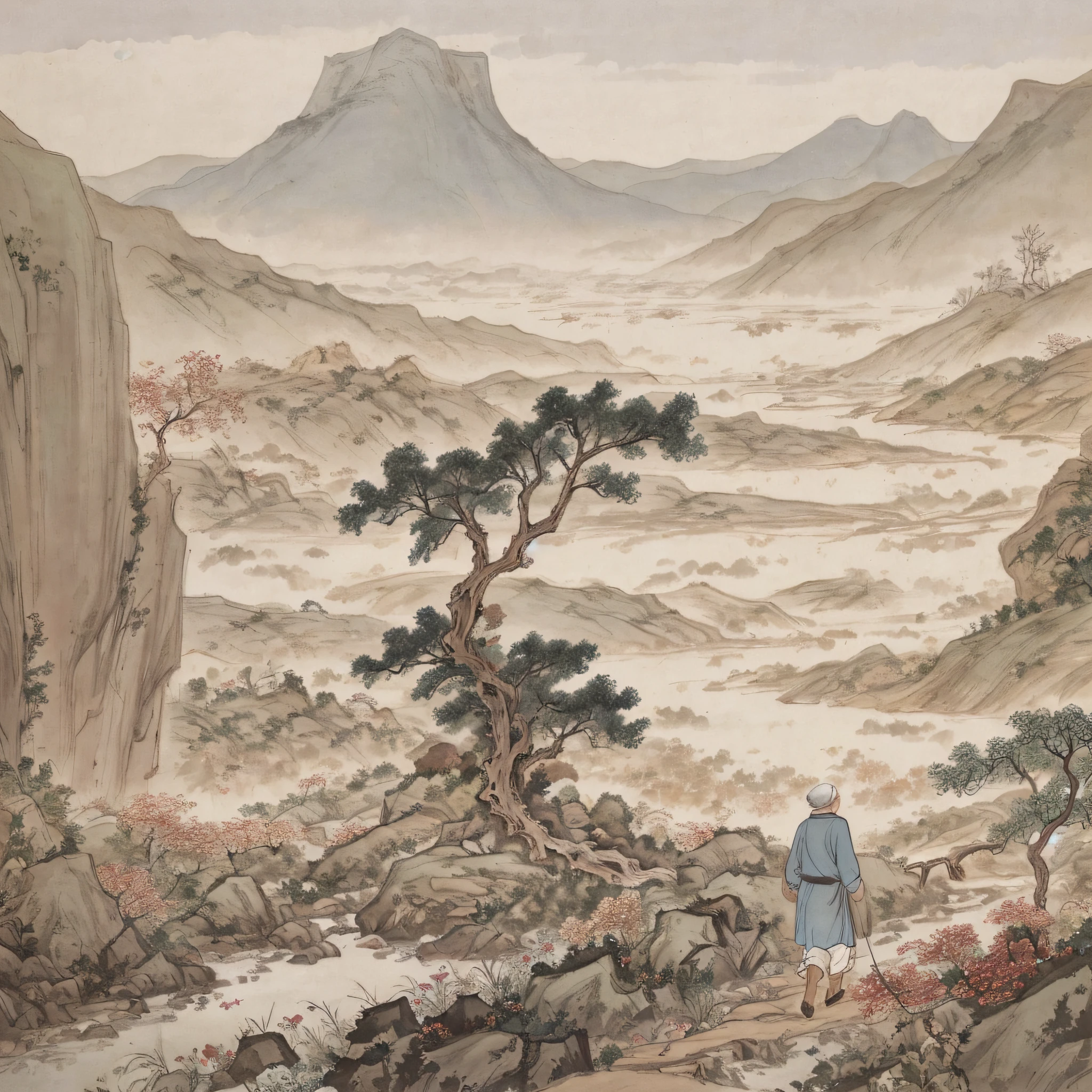 chinese painting, mountain, rock, flower, grass, river, tree, mountain in the distance, (sitting old man), (walking farmer), vanishing point, 35mm, UHD, masterpiece, ccurate, high detail, award-winning, best quality, 4K