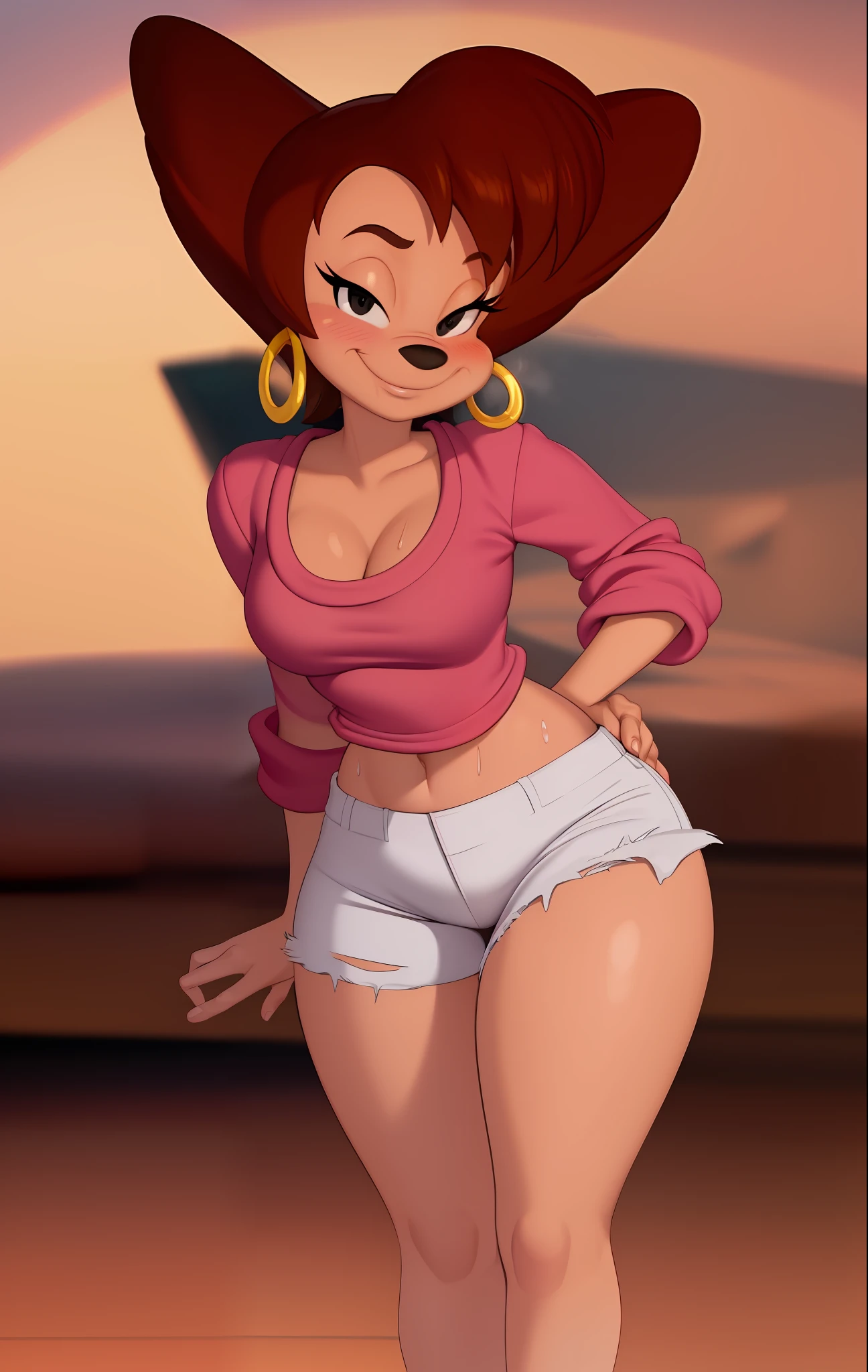 masterpiece, best quality, one girl, solo, detailed face, looking at the viewer, black eyes, gold hoop earrings, 4 fingers, seductive smile, detailed skin texture, (blush: 0.5), (goosebumps: 0.5), subsurface scattering, detailed skin texture, (blush: 0.2), (goosebumps: 0.3), sexual expression, portrait, pink top, high resolution, detailed bedroom background, black nose, sfw, goof troop, Disney, character, anthro, detailed fingers, blush, standing, flirty pose, white unzipped denim shorts, panties, hands between legs, sweaty, jacket raised on the chest, detailed between legs, midriff