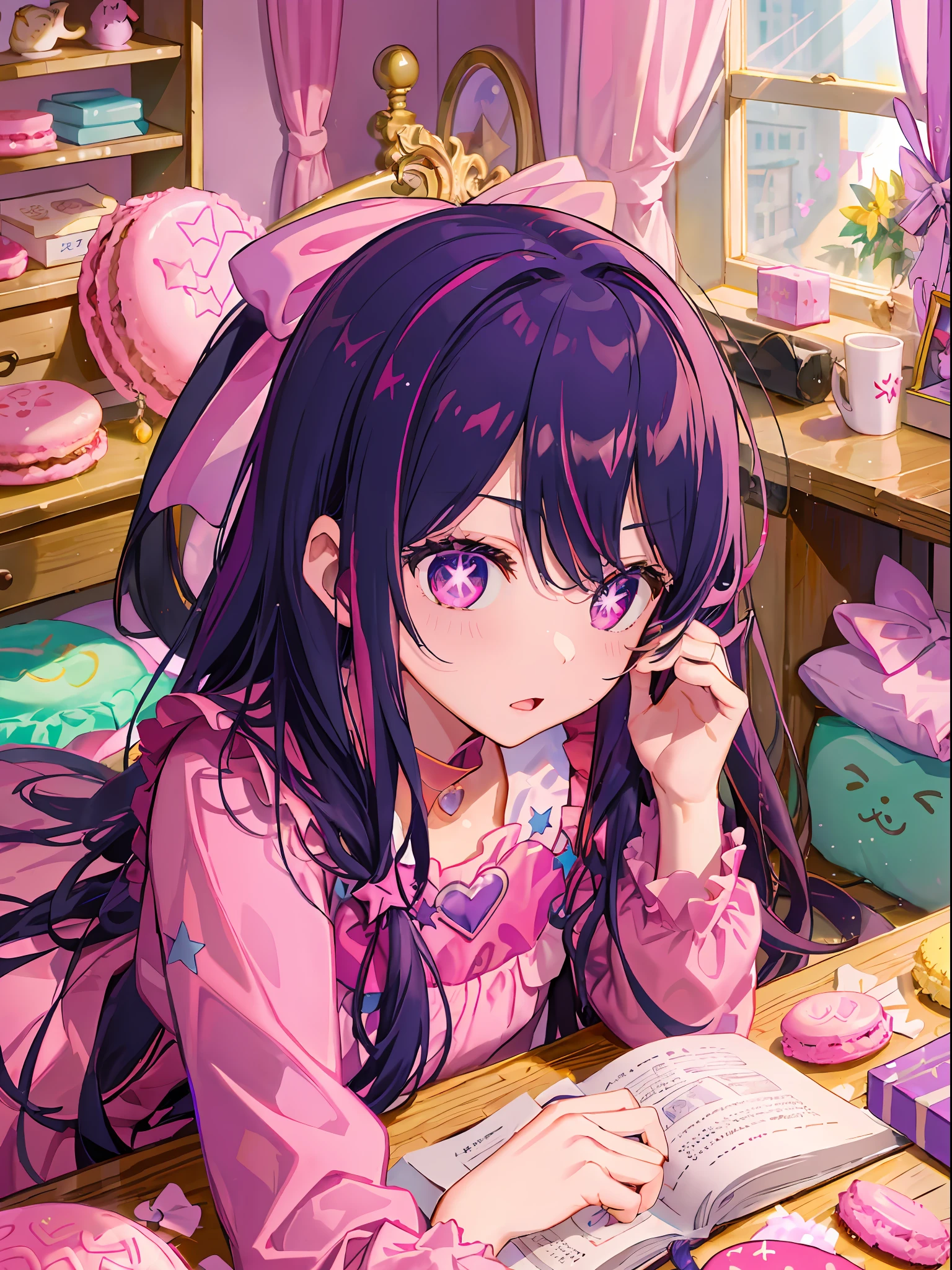 Hoshino Ai, long hair, purple hair, streaked hair ,purple eyes, star-shaped pupils, hair ornament, 笑顔、いたずら顔、(pink kawaii room ),,(pink gothic room),(messy room, Marchen ,macarons,Candy,heart item,ribbon,star item, small window,(Miscellaneous goods are placed in a mess),dresser,antimacassar ,
