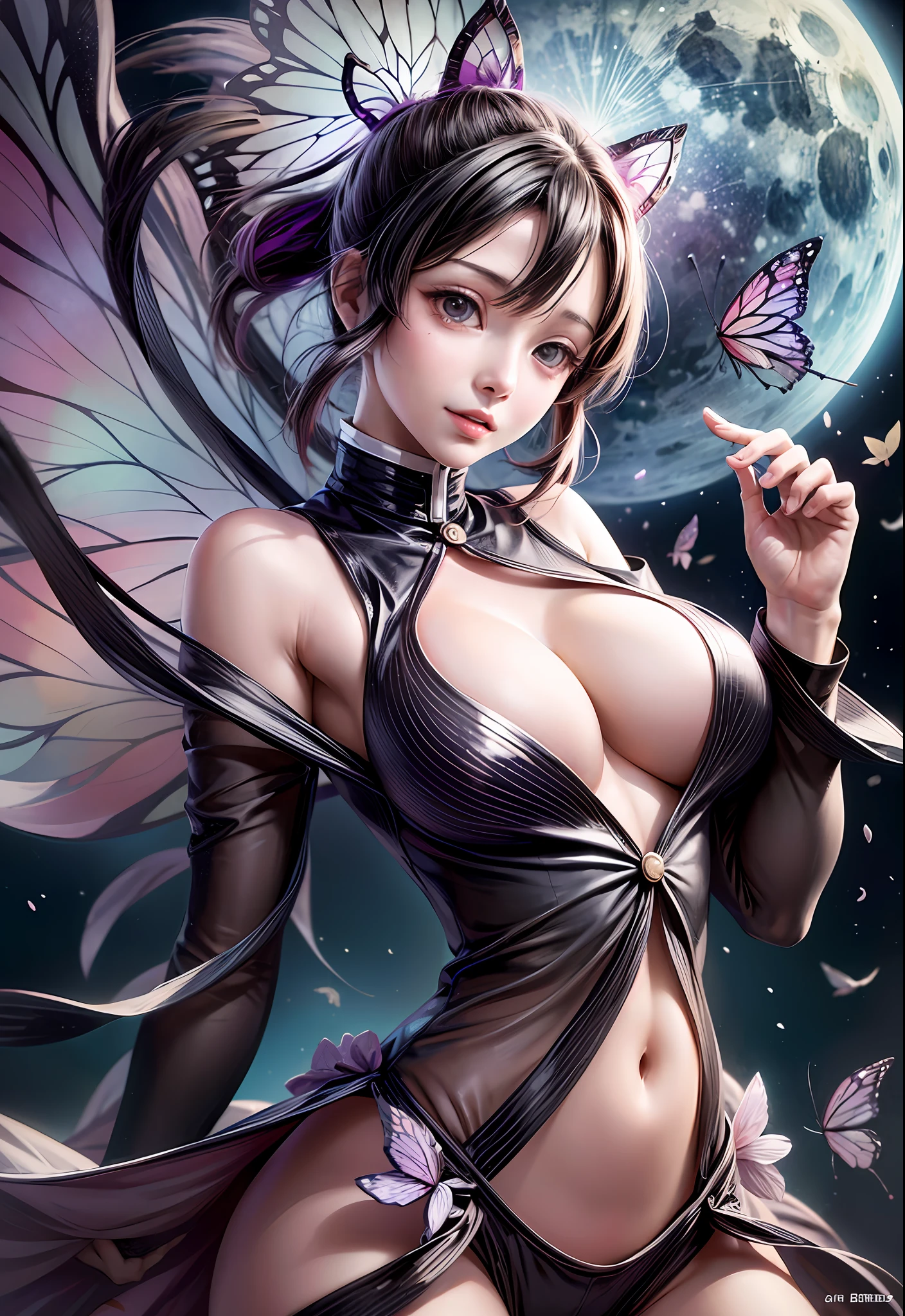 shinobu, Kimetsu no Yaiba manga, 1 girl, smile gently, play with butterflies, dynamic angle shot, ultra detailed, ((hyper realistic)), glittering, moon light, RAW photo, full shot, wide shot, sexy, big breasts