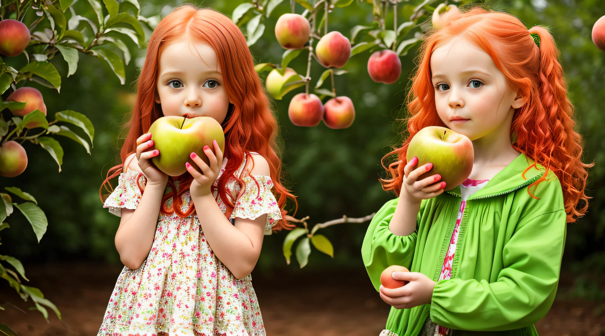 girl CHILD RED HAIR OF STRUTS, HOLDING TWO GREEN APPLES IN FRONT OF HER FACE, HOLDING AN APPLE, EATING ROTTEN FRUIT, A HOLDING APPLE IN HAND, GREEN APPLES, HOLDING MARACAS, WITH APPLE, SLIME, APPLES, SHE IS GUIDING A PEACH, SENTIENT FRUIT, GREEN SLIME, HOLDING EASTER EGGS, PROMO STILL, 3 4 5 3 1, photoshoot