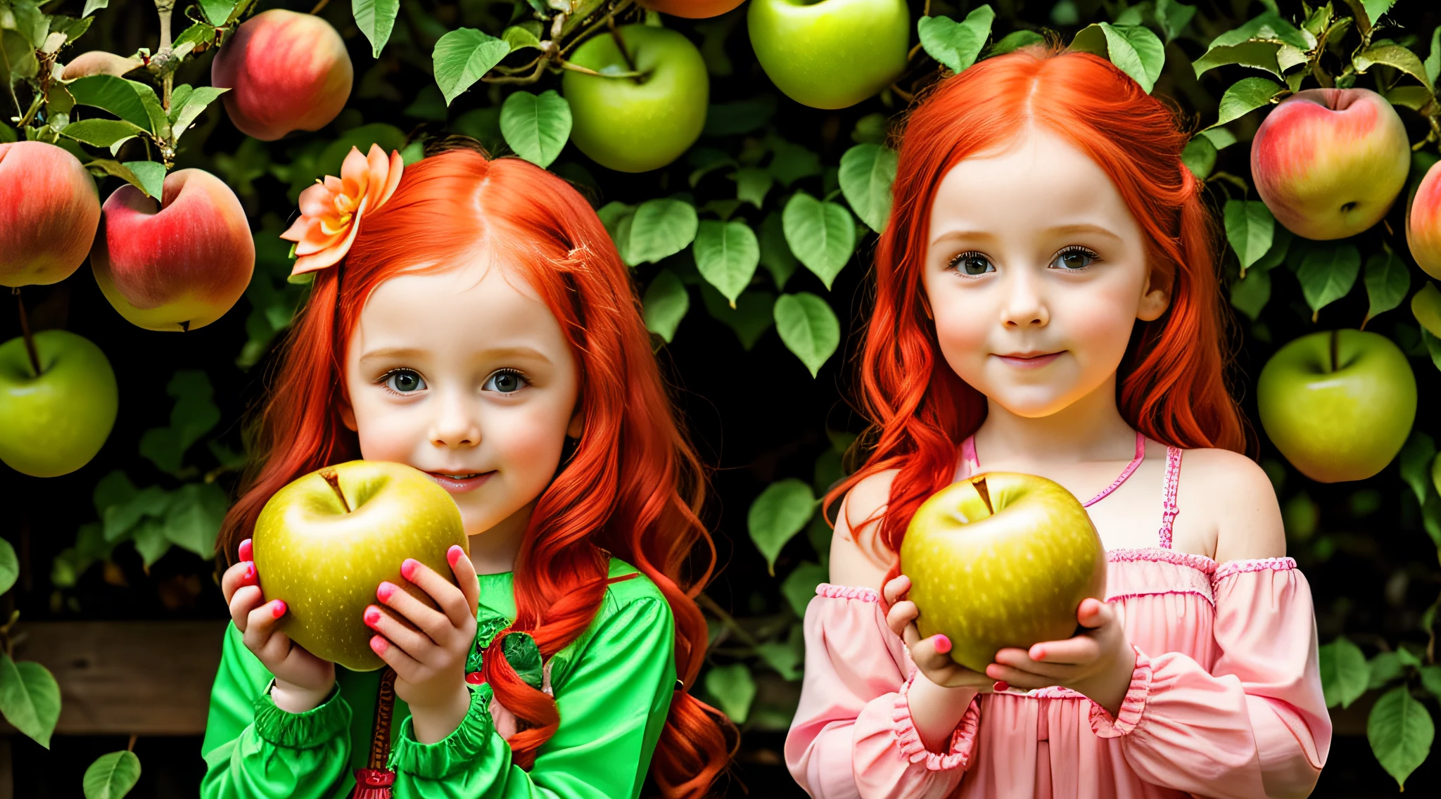 girl CHILD RED HAIR OF STRUTS, HOLDING TWO GREEN APPLES IN FRONT OF HER FACE, HOLDING AN APPLE, EATING ROTTEN FRUIT, A HOLDING APPLE IN HAND, GREEN APPLES, HOLDING MARACAS, WITH APPLE, SLIME, APPLES, SHE IS GUIDING A PEACH, SENTIENT FRUIT, GREEN SLIME, HOLDING EASTER EGGS, PROMO STILL, 3 4 5 3 1, photoshoot