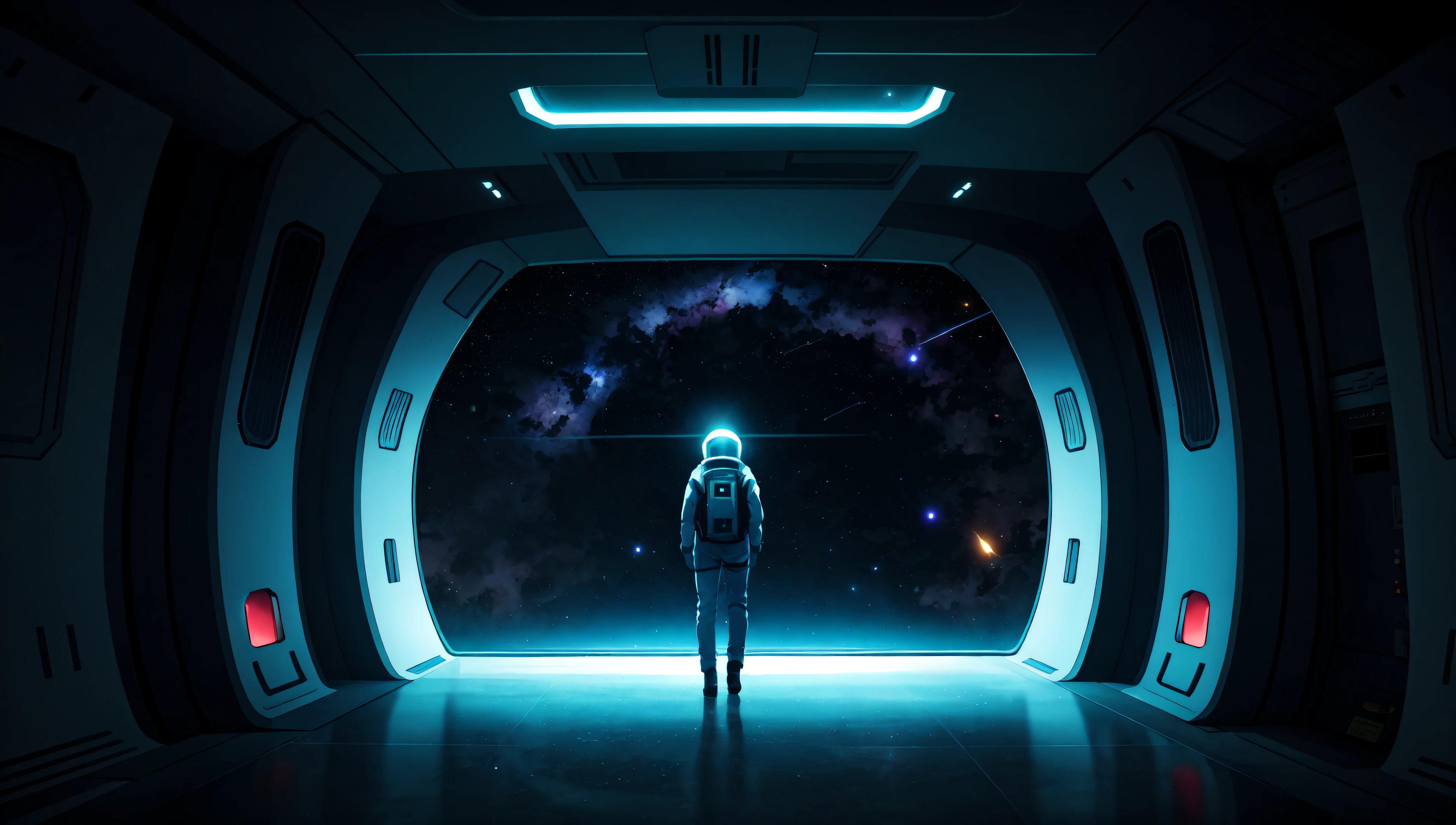 atmospheric illustration of a space traveler in a spaceship looking  through the window, seeing the universe filled with stars, spaceship hallway with lighting