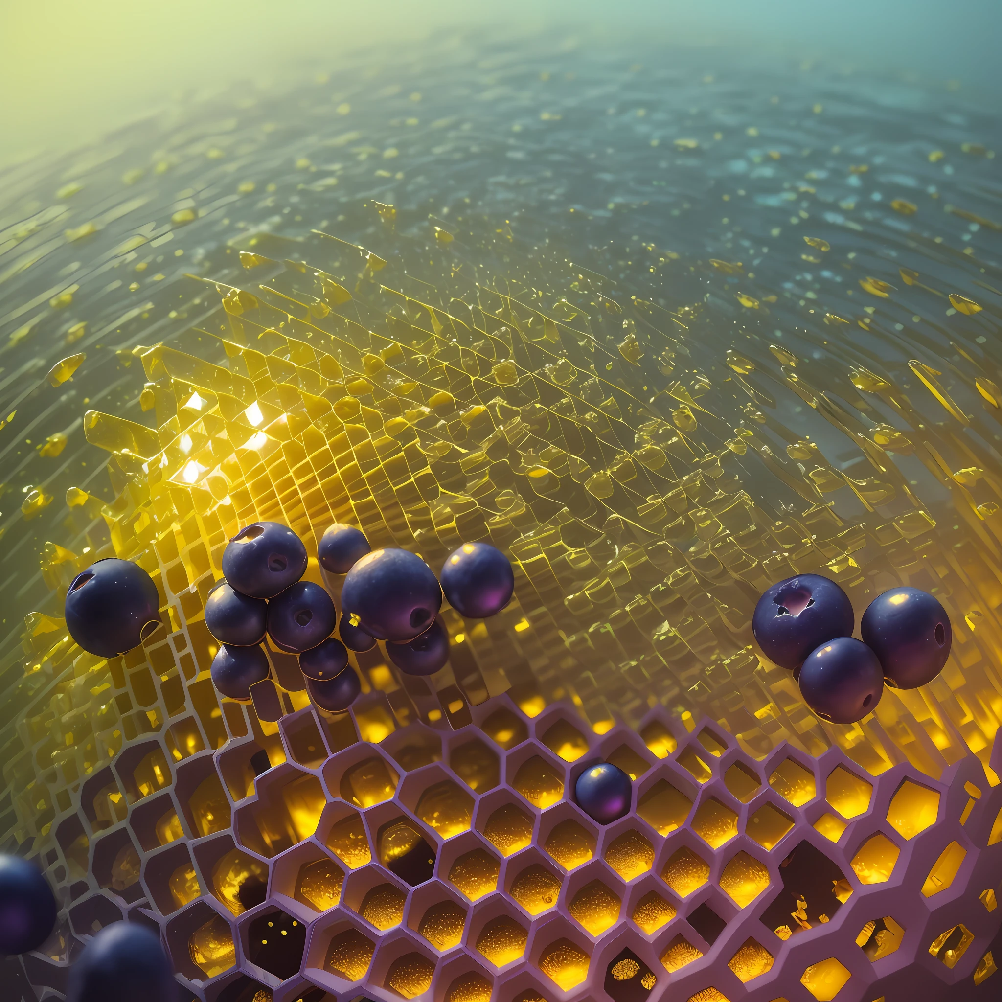 Computer visualized graphics, realistic fantasy, Extensive landscape ultrasound photography (general view, which shows a glass glass, honeycombs, honey, honeydew, small and large, red and blue berries, matrix), blurred background, colorful, bright, yellow, orange, honey, purple background, pink, warm, magic