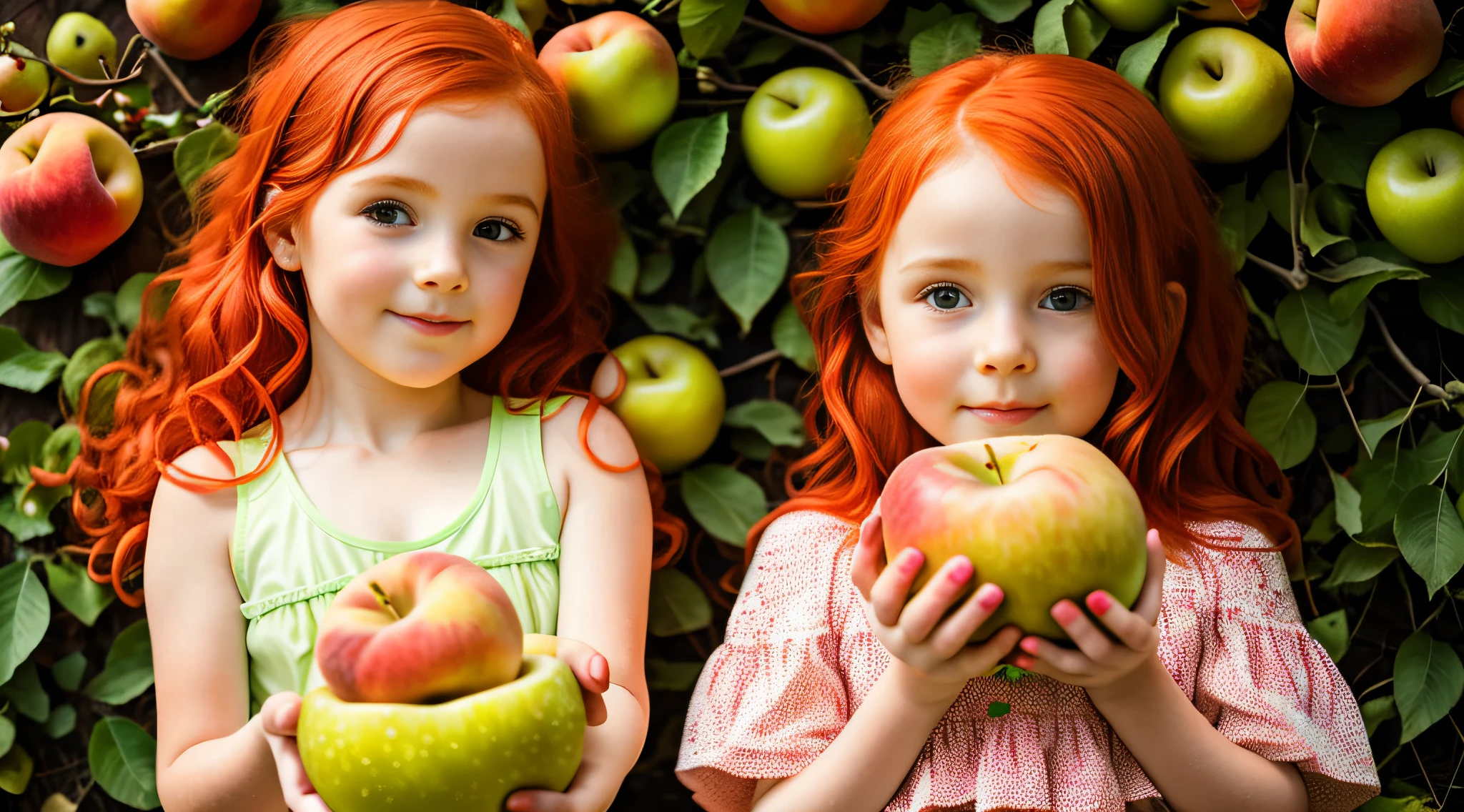 girl CHILD RED HAIR OF STRUTS, HOLDING TWO GREEN APPLES IN FRONT OF HER FACE, HOLDING AN APPLE, EATING ROTTEN FRUIT, A HOLDING APPLE IN HAND, GREEN APPLES, HOLDING MARACAS, WITH APPLE, SLIME, APPLES, SHE IS GUIDING A PEACH, SENTIENT FRUIT, GREEN SLIME, HOLDING EASTER EGGS, PROMO STILL, 3 4 5 3 1, photoshoot