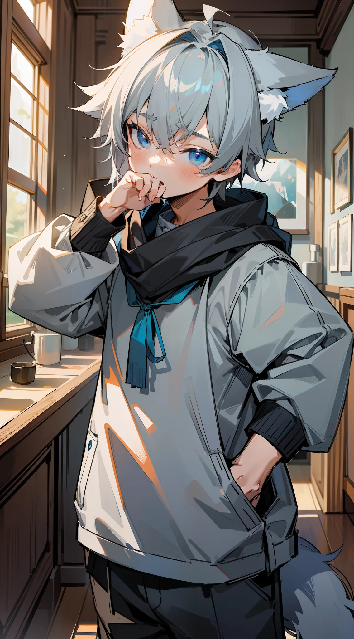 (1boy), (Shota), (HD quality, masterpiece level), cute  characters, dark gray hair, blue eyes, (wolf ears), (wolf tail), one tail, (no ears), (litt), (ears covered), (hair covered ears), face camera, a pinch of blue bangs, panorama,