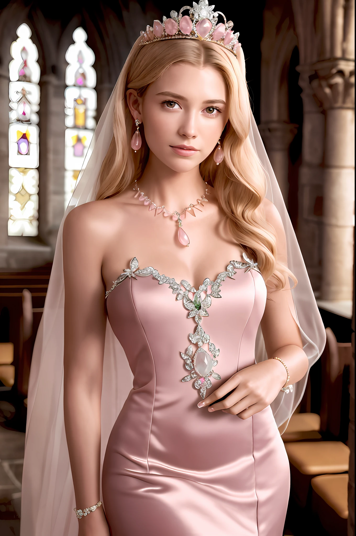 masterpiece, (photorealistic:1.4), best quality, beautiful lighting, medieval chapel, indoors, upper body, 1 girl, natural beautiful female, slender woman, noble queen of flower, blushing face, smiling, chignon blonde hair, detailed, intricate, RAW photo, 8k uhd, film grain,
intricate detail formal dress, rose lace dress,
flapping cloak, extremely detailed gorgeous rose-quartz tiara, rose-quartz necklace