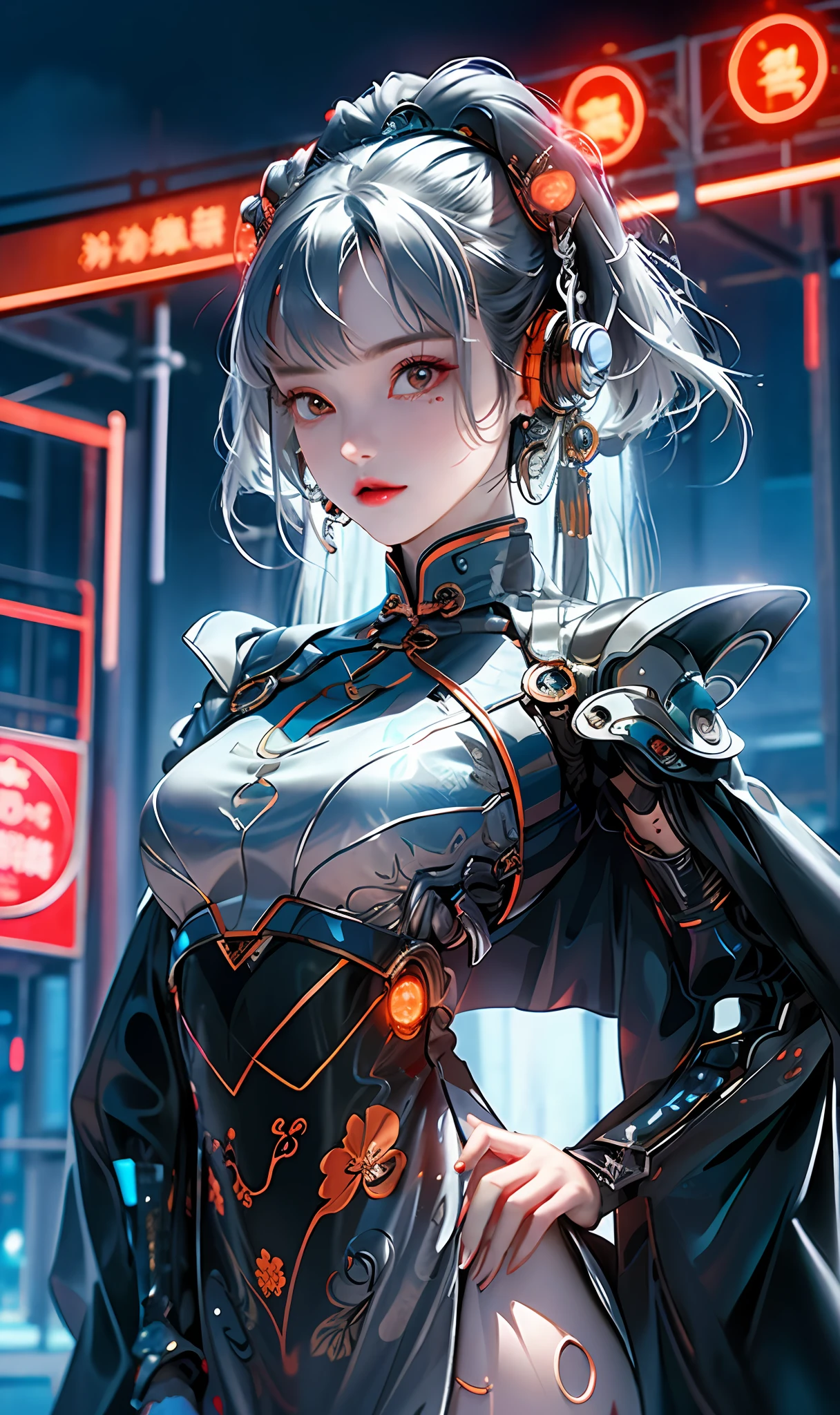 1 girl, Chinese_clothes, liquid silver and orange, cyberhan, cheongsam, cyberpunk city, dynamic pose, detailed luminous headphones, glowing hair accessories, long hair, glowing earrings, glowing necklace, cyberpunk, high-tech city, full of mechanical and futuristic elements, futuristic, technology, glowing neon, orange, orange light, transparent tulle, transparent streamers, laser, digital background urban sky, big moon, with vehicles, best quality, masterpiece, 8K, character edge light, Super high detail, high quality, the most beautiful woman in human beings, micro smile, face facing front and left and right symmetry, ear decoration, beautiful pupils, light effects, visual data, silver white hair, super detail facial texture