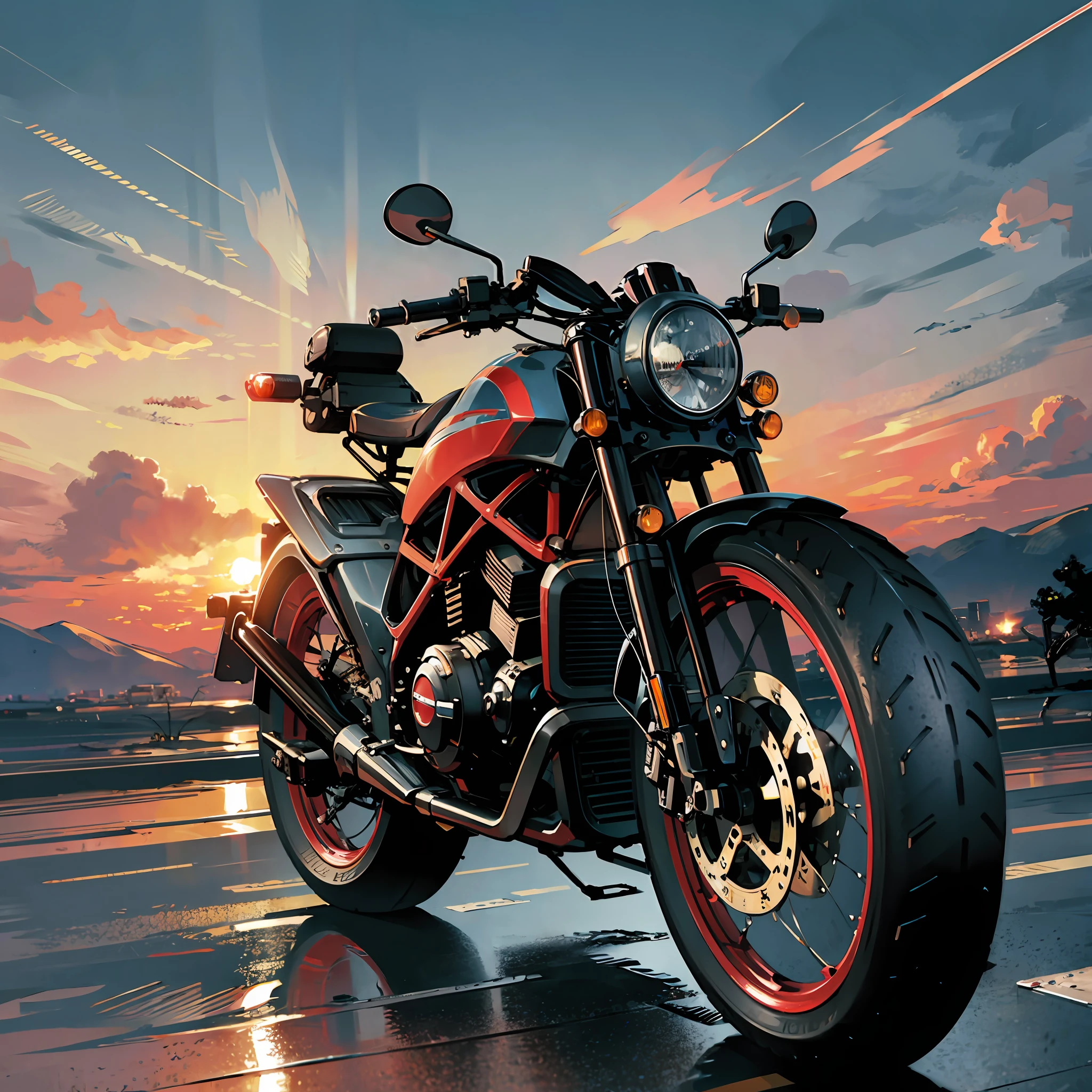 A futuristic, sunset, ultra-realistic motorcycle --auto --s2