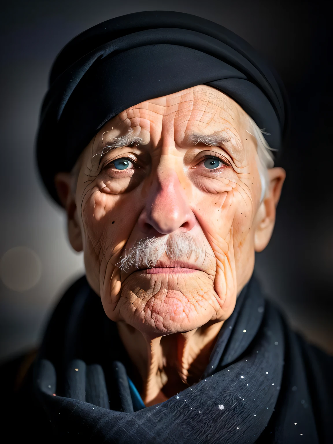 award winning upper body portrait photo of an old screaming sailor, wearing scarf, eyes looking upwards, (bokeh:0.7), sidelit, (wrinkled face in detail:0.7), telephoto, moonlit, torchlit, gritty atmosphere, oceanic night exterior, realistic, intricate details, true aged skin texture