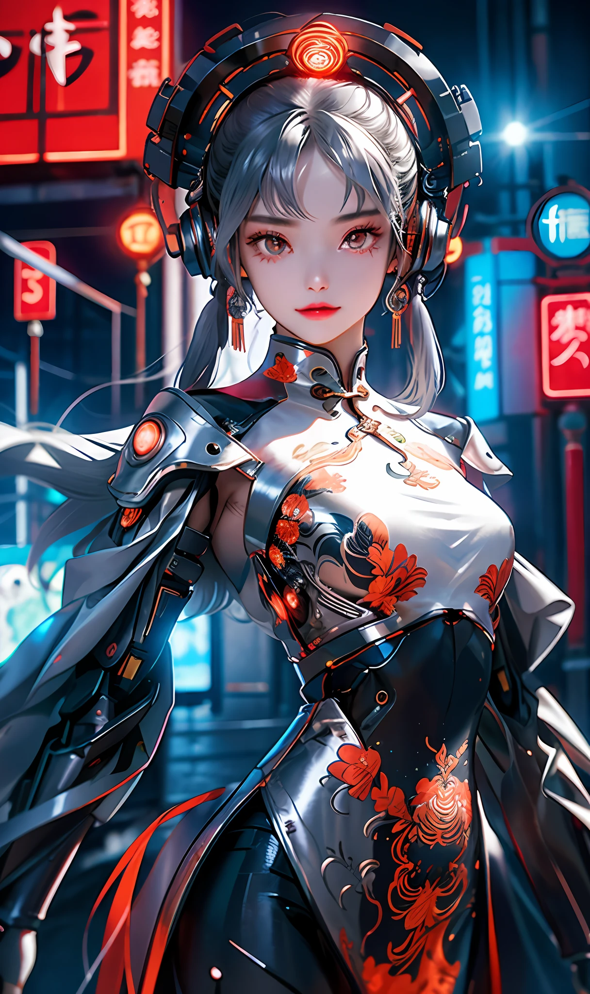 1 girl, Chinese_clothes, liquid silver and orange, cyberhan, cheongsam, cyberpunk city, dynamic pose, detailed luminous headphones, glowing hair accessories, long hair, glowing earrings, glowing necklace, cyberpunk, high-tech city, full of mechanical and futuristic elements, futuristic, technology, glowing neon, orange, orange light, transparent tulle, transparent streamers, laser, digital background urban sky, big moon, with vehicles, best quality, masterpiece, 8K, character edge light, Super high detail, high quality, the most beautiful woman in human beings, micro smile, face facing front and left and right symmetry, ear decoration, beautiful pupils, light effects, visual data, silver white hair, super detail facial texture