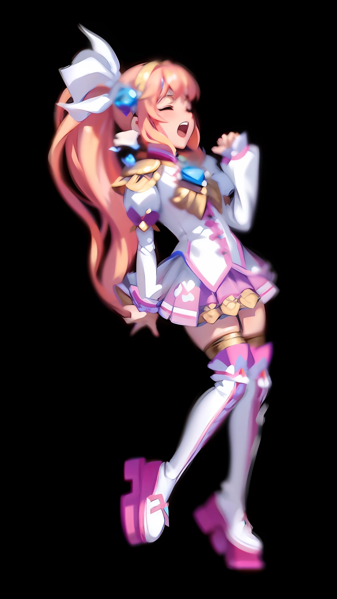 (lora:QuickHand:1.2), (Masterpiece:1.5), (Best quality:1.5), 8k,(Perfect Hands: 1.5), 1 Girl, Perfect Hands, (Closed Eyes: 1.5), Open Mouth, Scream, Beaten, Pink Hair, Single Ponytail, White Top, Pink Pleated Skirt, Pink Over-the-Knee Socks, White Long Boots, (No Background: 1.5), Slim Legs,