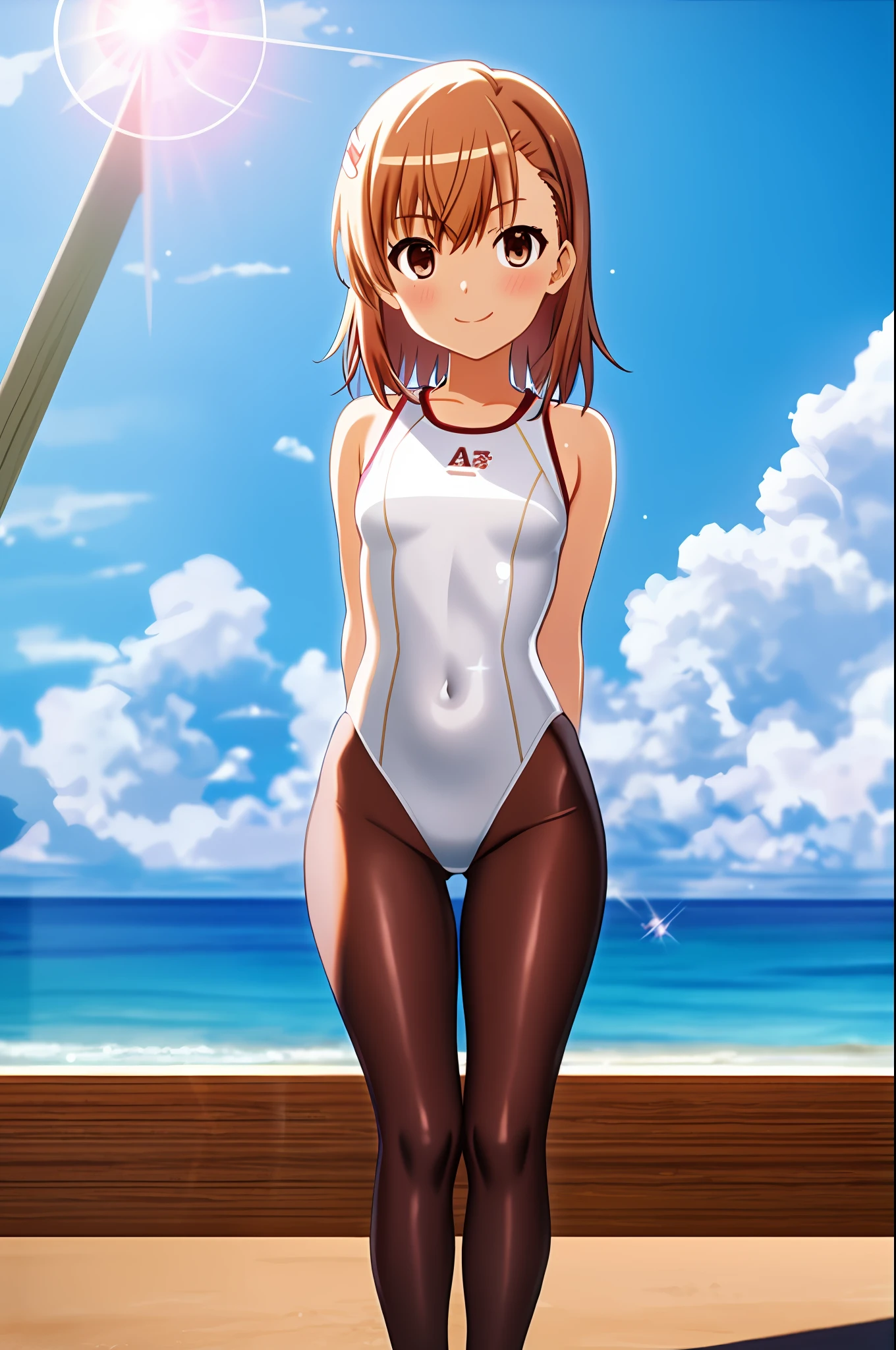 masterpiece, best quality, misaka_mikoto, brown eyes, looking at viewer, solo, small breast, upper body, (swimsuit), beach, outdoor, , smile, close_mouth, ((crossed legs)), ((standing)), lens flare abuse,  one piece suit, body suit, shiny clothes, thicc, onegirl, 1girl, white suit