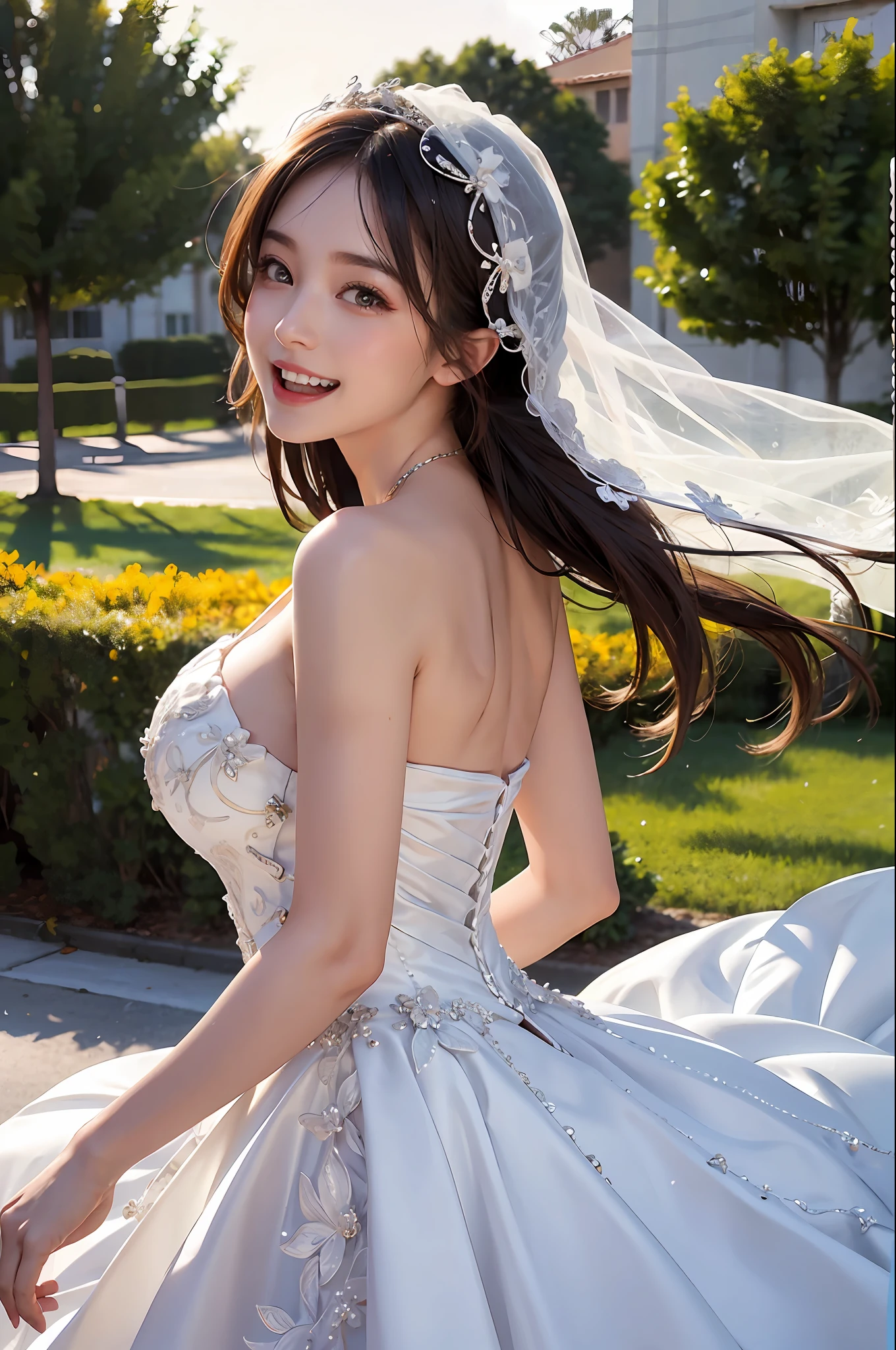 1 girl,, (huge laughter), sweet, sun glare, conservative dress, wedding dress, bridal veil, bokeh, depth of field, blurred background, light particles, strong wind, head tilt,