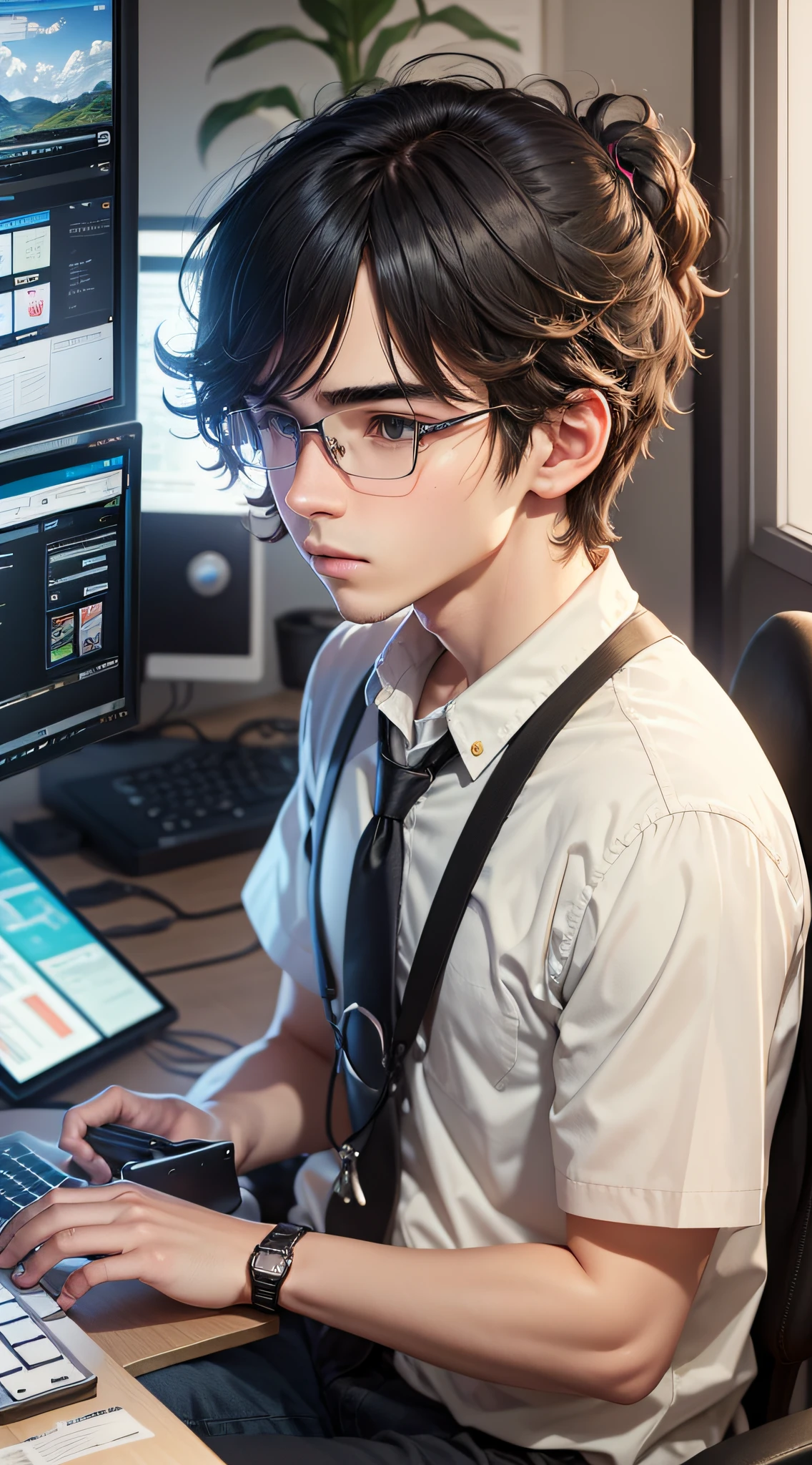 A 24-year-old boy working at a computer monitor, typing keyboard, giant lilies, ((teenager)) --auto --s2