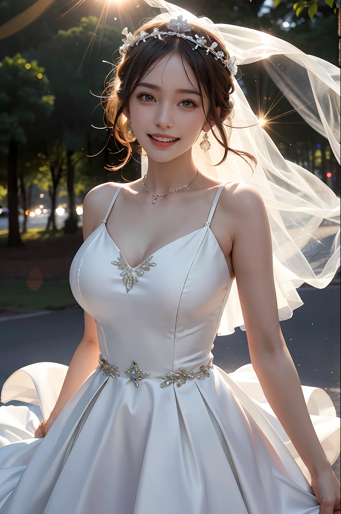 1 girl,, (huge laughter), sweet, sun glare, conservative dress, wedding dress, bridal veil, bokeh, depth of field, blurred background, light particles, strong wind, head tilt,