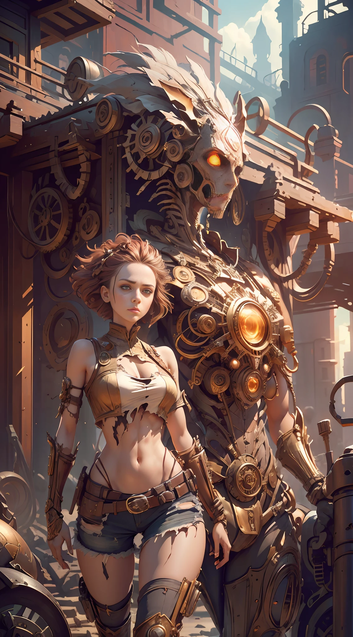 (((1 woman))), (anatomically correct), ((hands on head))), short hair, (((torn clothes))), (red glowing eyes))), broken headdress, extremely detailed face, looking up at the lens, ((panorama)), gray sky, best quality, ultra-detailed color, battlefield, city ruins, broken buildings, damaged machinery, perfect composition, best elaboration, (Golden ratio: 1.2), HDR, dramatic, cinematic lighting, huge details, masterpiece, (realism: 1.4), absurdity, cinema lighting, surrealism, steampunk, intricate design, extremely detailed, exquisite details,