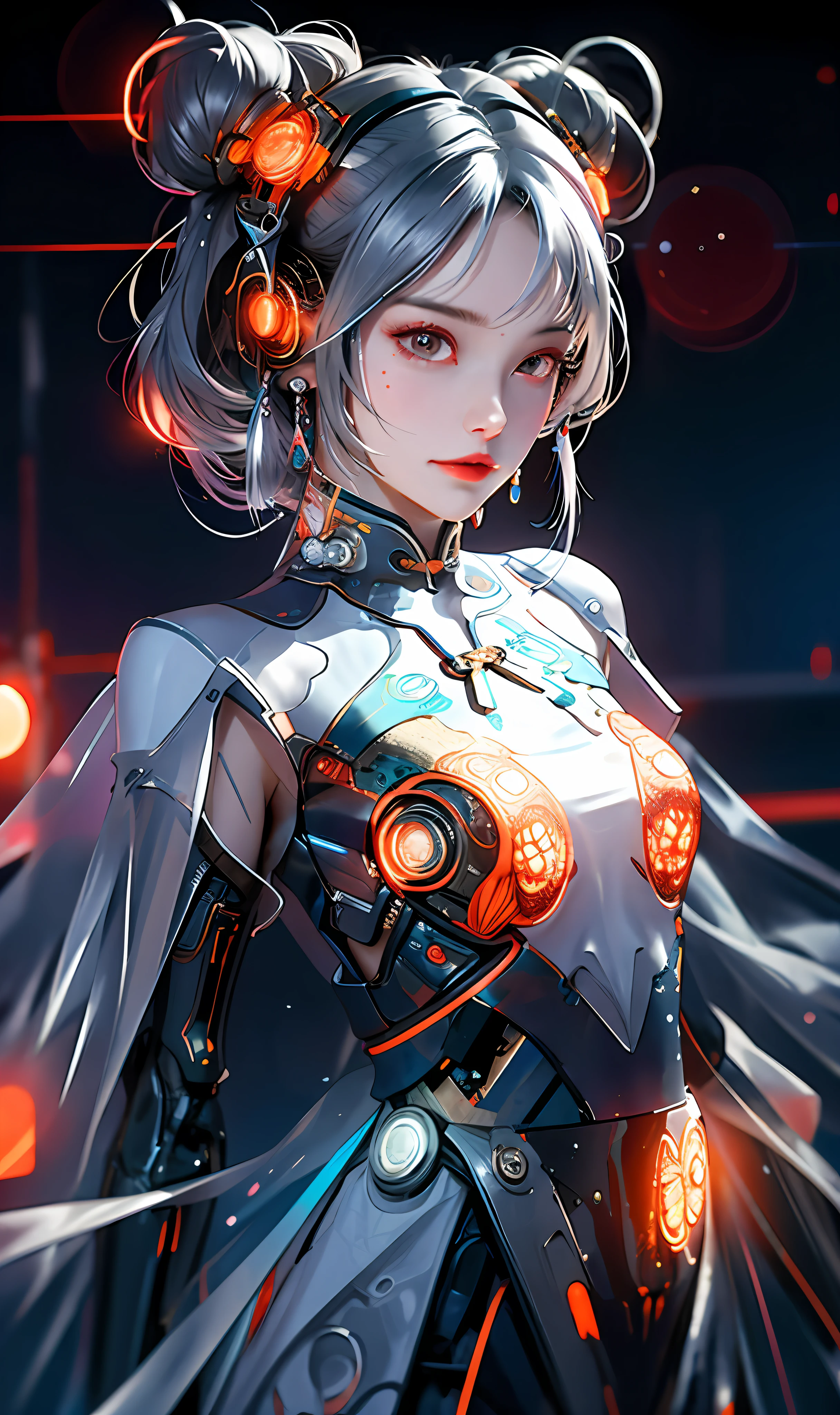 1 girl, Chinese_clothes, liquid silver and orange, cyberhan, cheongsam, cyberpunk city, dynamic pose, detailed luminous headphones, glowing hair accessories, long hair, glowing earrings, glowing necklace, cyberpunk, high-tech city, full of mechanical and futuristic elements, futuristic, technology, glowing neon, orange, orange light, transparent tulle, transparent streamers, laser, digital background urban sky, big moon, with vehicles, best quality, masterpiece, 8K, character edge light, Super high detail, high quality, the most beautiful woman in human beings, micro smile, face facing front and left and right symmetry, ear decoration, beautiful pupils, light effects, visual data, silver white hair, super detail facial texture