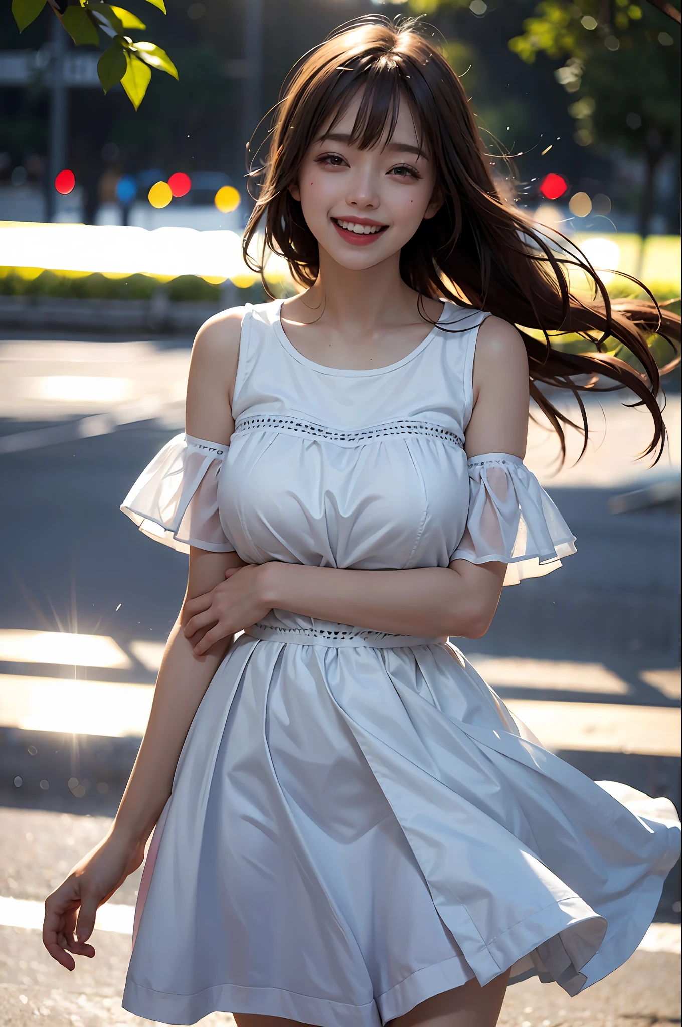 1 girl,, (huge laughter), sweet, sun glare, bokeh, depth of field, blurred background, light particles, strong wind, head tilt,