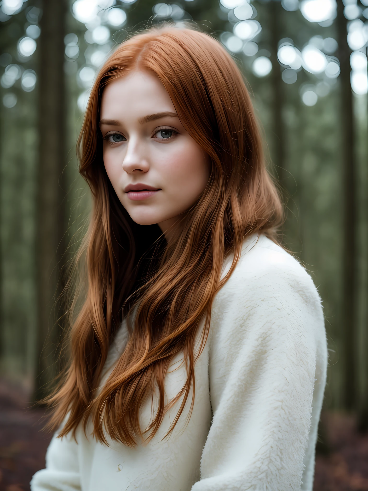 close up of a european woman, ginger hair, winter forest, natural skin texture, 24mm, 4k textures, soft cinematic light, RAW photo, photorealism, photorealistic, intricate, elegant, highly detailed, sharp focus, ((((cinematic look)))), soothing tones, insane details, intricate details, hyperdetailed, low contrast, soft cinematic light, dim colors, exposure blend, hdr, faded