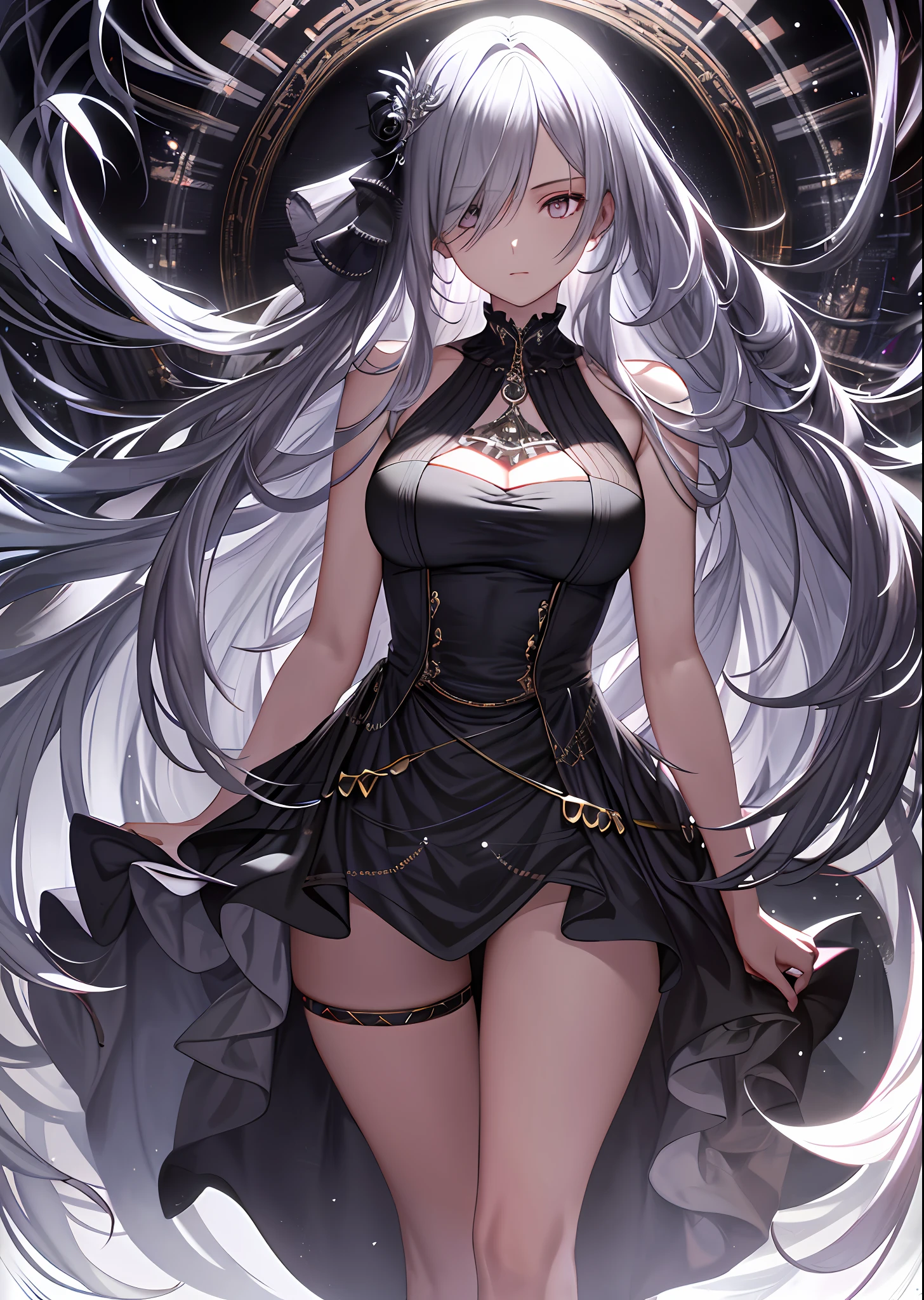 city, street, outdoor, depth of field, silver eyes, hair above one eye, (hair accessory), chest, high heels, long hair, (black silk), high detail, chiaroscuro, cinematic lighting, chromatic aberration, ray tracing, drop shadow, anaglyph, stereogram, vignetting, close-up, image fill, masterpiece, ccurate, anatomically correct, super detail, high details, high quality, best quality, highres, 4K, facial detail