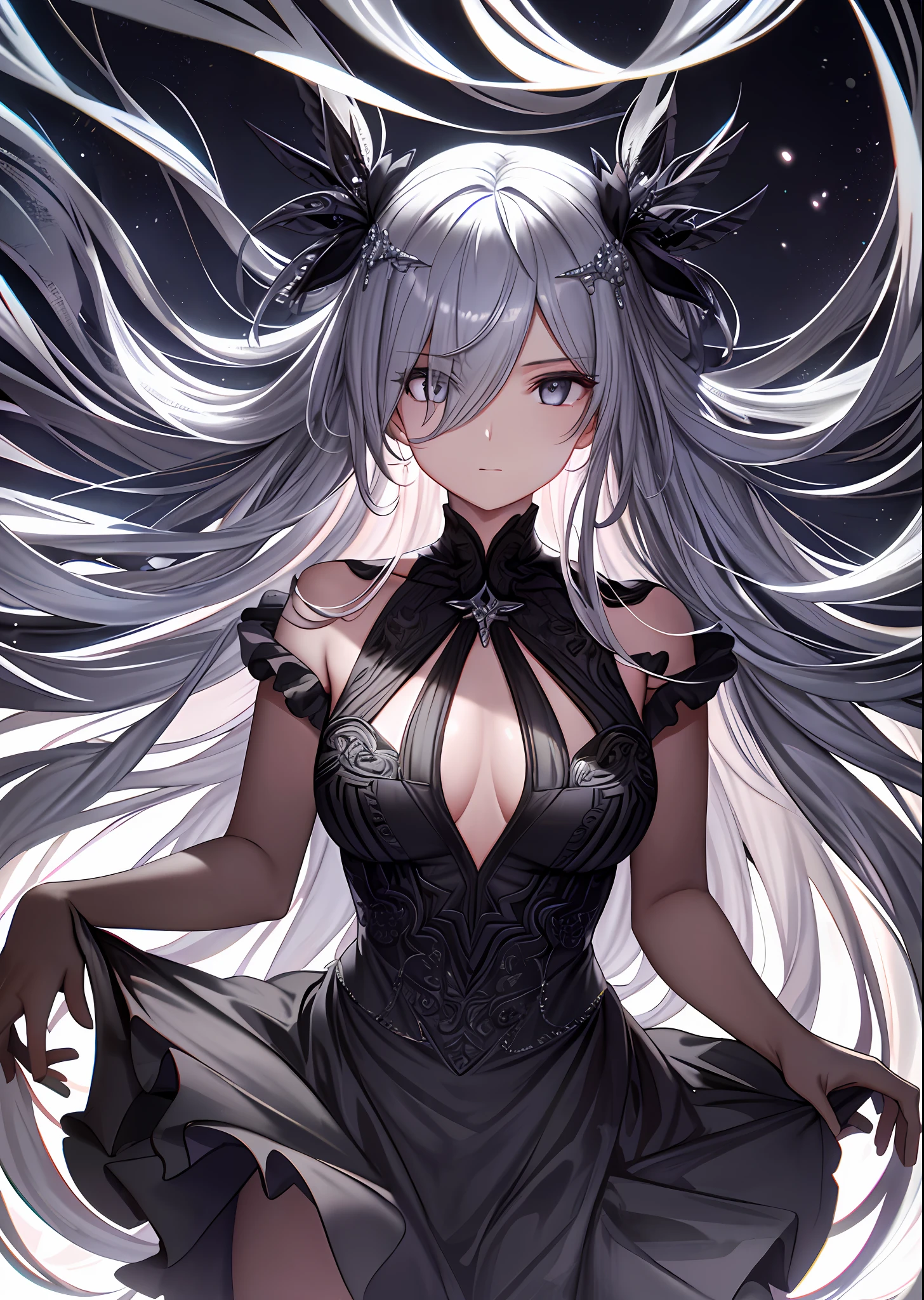 city, street, outdoor, depth of field, silver eyes, hair above one eye, (hair accessory), chest, high heels, long hair, (black silk), high detail, chiaroscuro, cinematic lighting, chromatic aberration, ray tracing, drop shadow, anaglyph, stereogram, vignetting, close-up, image fill, masterpiece, ccurate, anatomically correct, super detail, high details, high quality, best quality, highres, 4K, facial detail